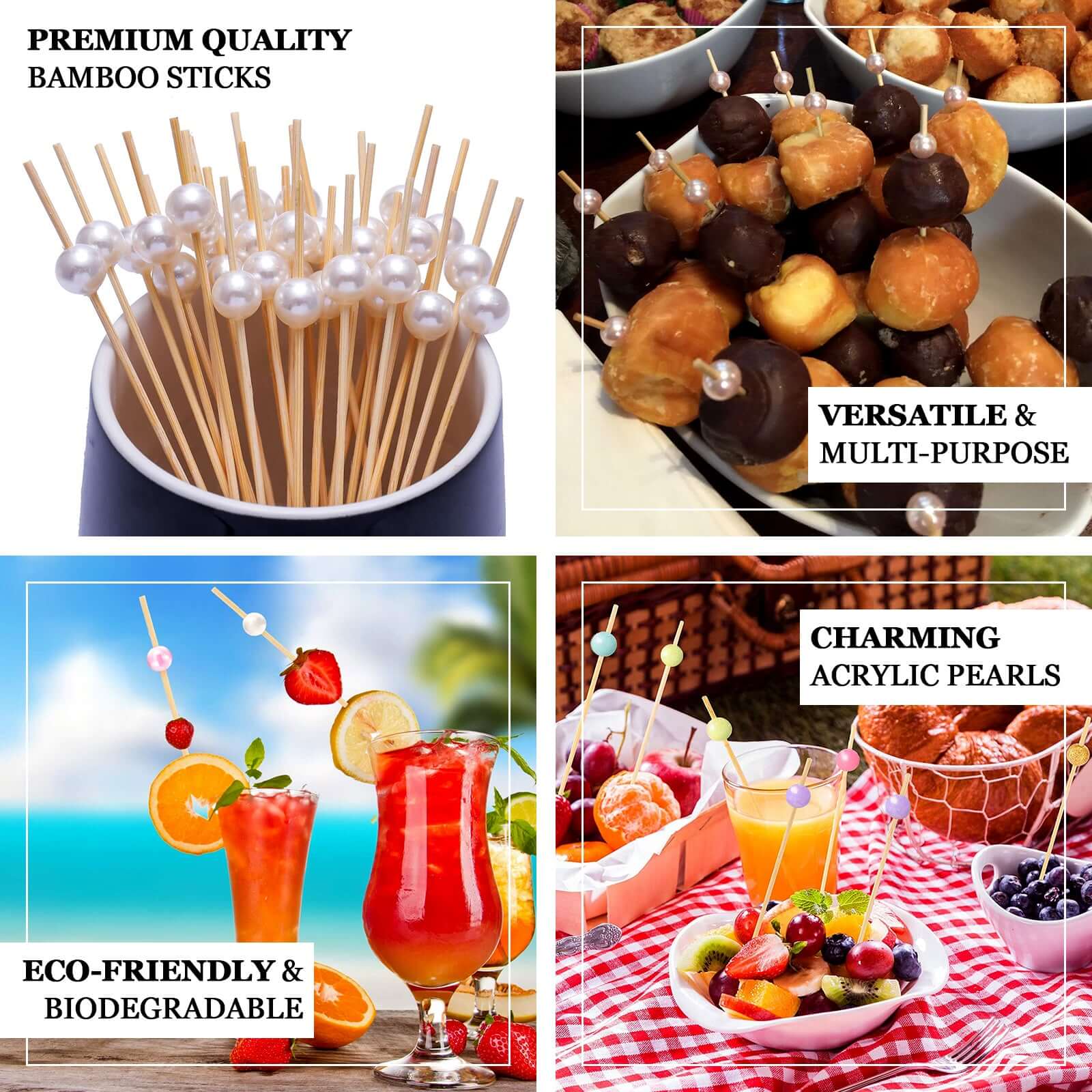 100-Pack Bamboo Skewers 5", Natural Pearl Decorative Top Stir Sticks - Eco Friendly Cocktail Picks - Image 4