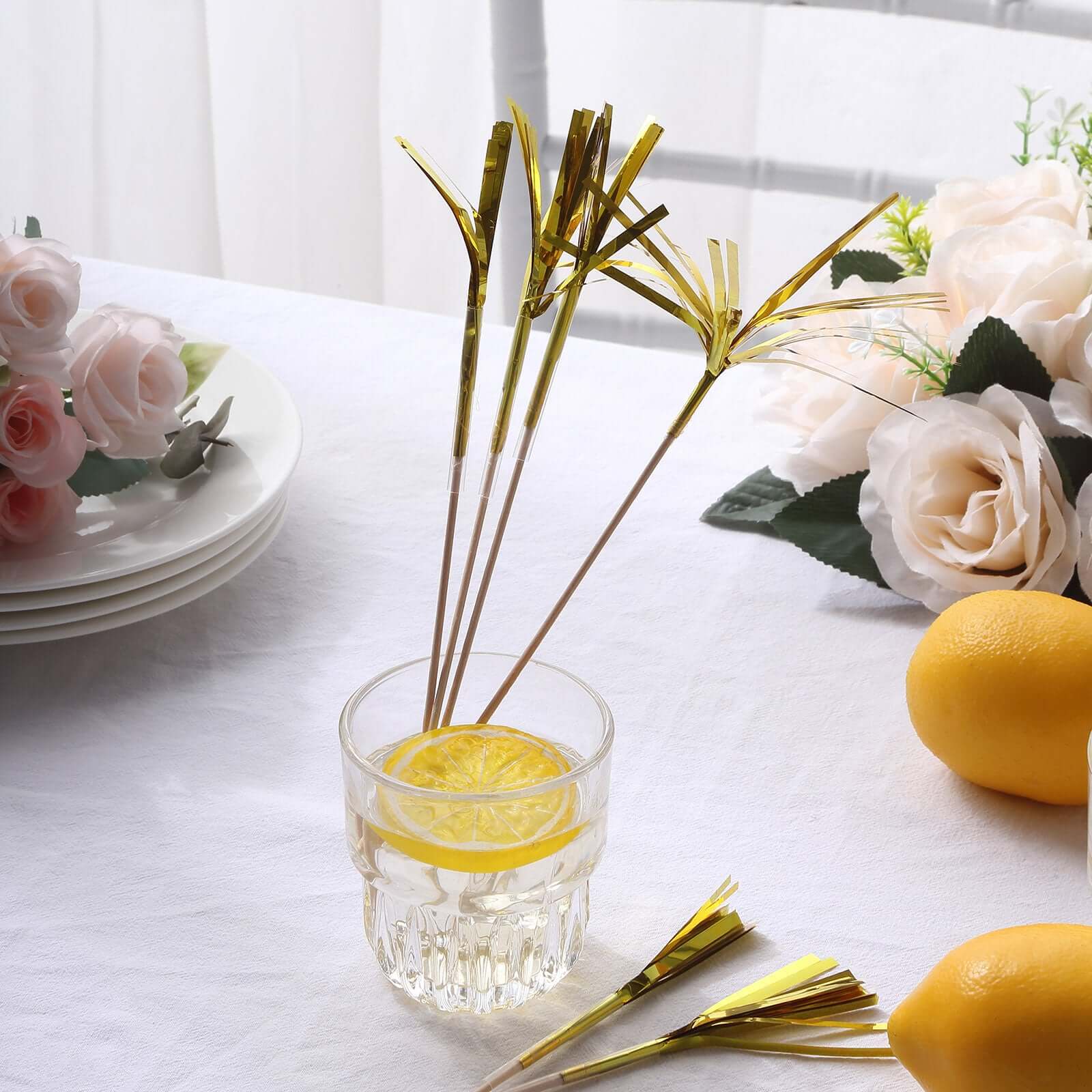 100-Pack Bamboo Skewers 9", Gold Firework Festive Foil Frills Cupcake Toppers - Cocktail Food Picks - Image 10
