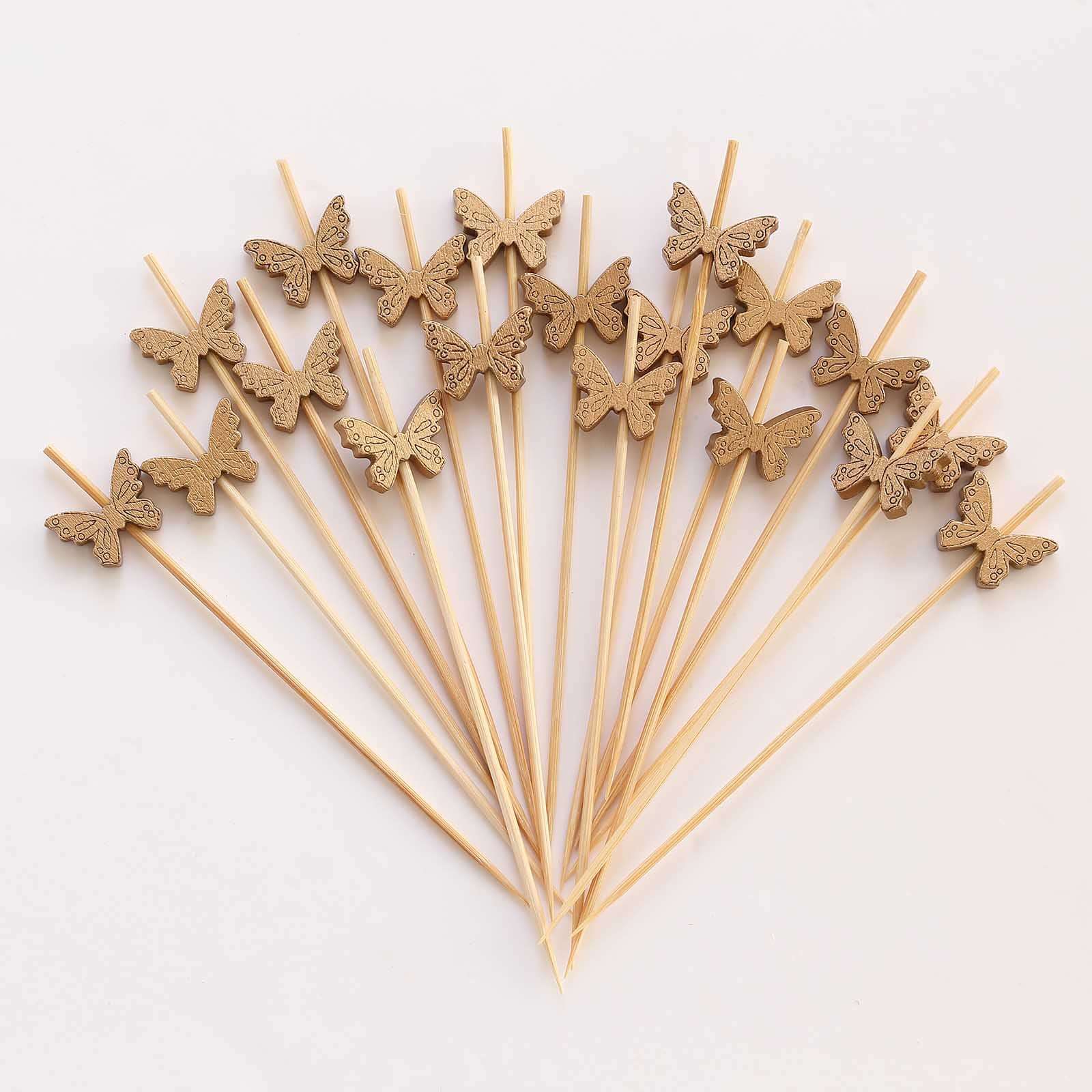 100-Pack Natural Bamboo Skewers 5", Butterfly Design Biodegradable Cocktail Sticks - Eco Friendly Party Picks - Image 2