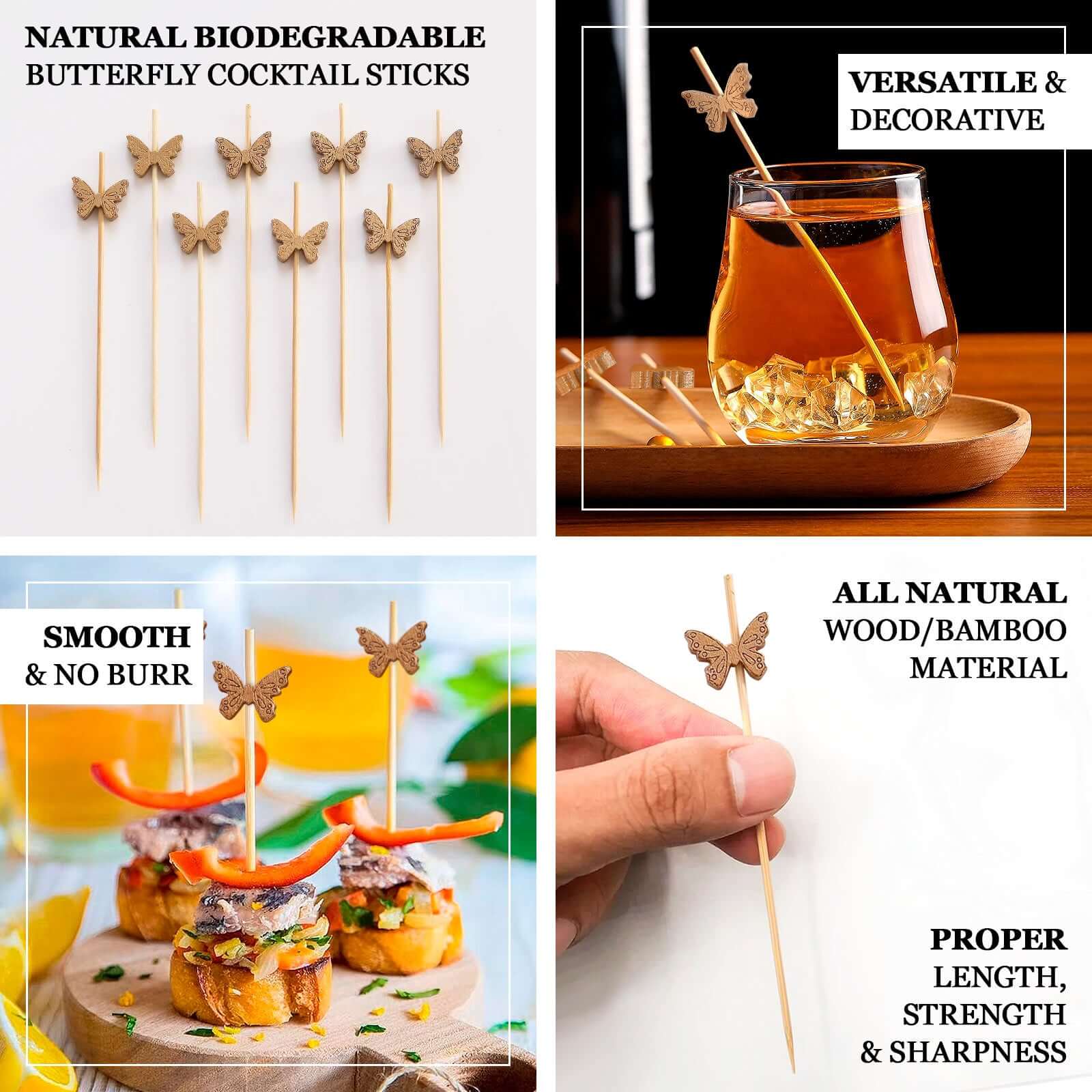 100-Pack Natural Bamboo Skewers 5", Butterfly Design Biodegradable Cocktail Sticks - Eco Friendly Party Picks - Image 4