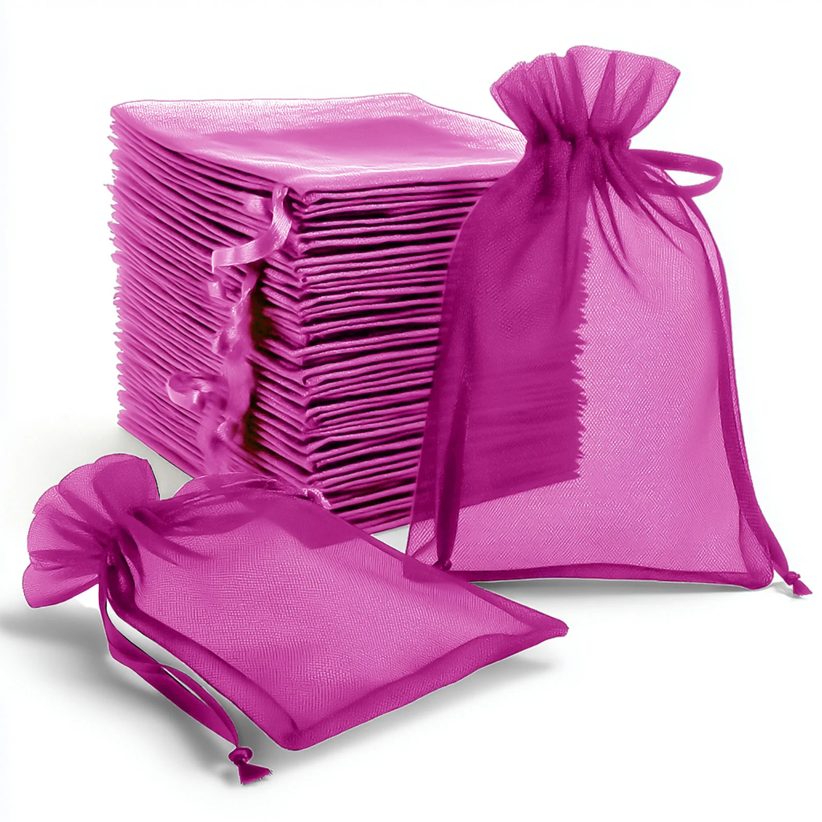 100 Pack Fuchsia Organza Drawstring Gift Bags, 6" x 9" – Wedding Party Favor Bags - Image 6