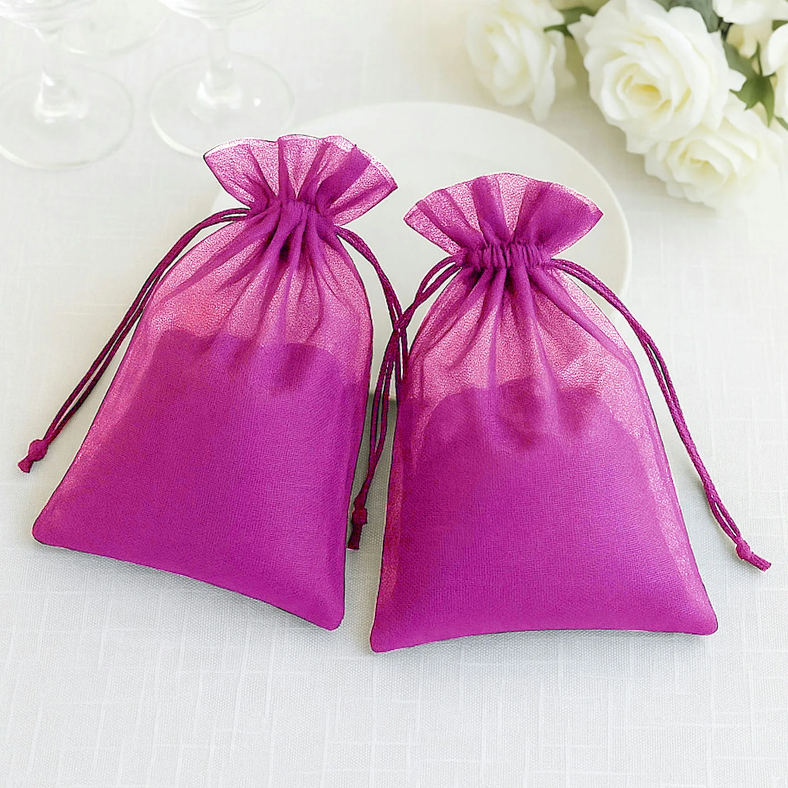 100 Pack Fuchsia Organza Drawstring Gift Bags, 6" x 9" – Wedding Party Favor Bags - Image 7