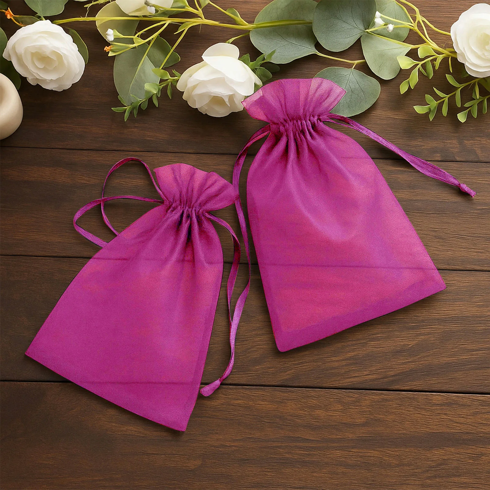 100 Pack Fuchsia Organza Drawstring Gift Bags, 6" x 9" – Wedding Party Favor Bags - Image 8