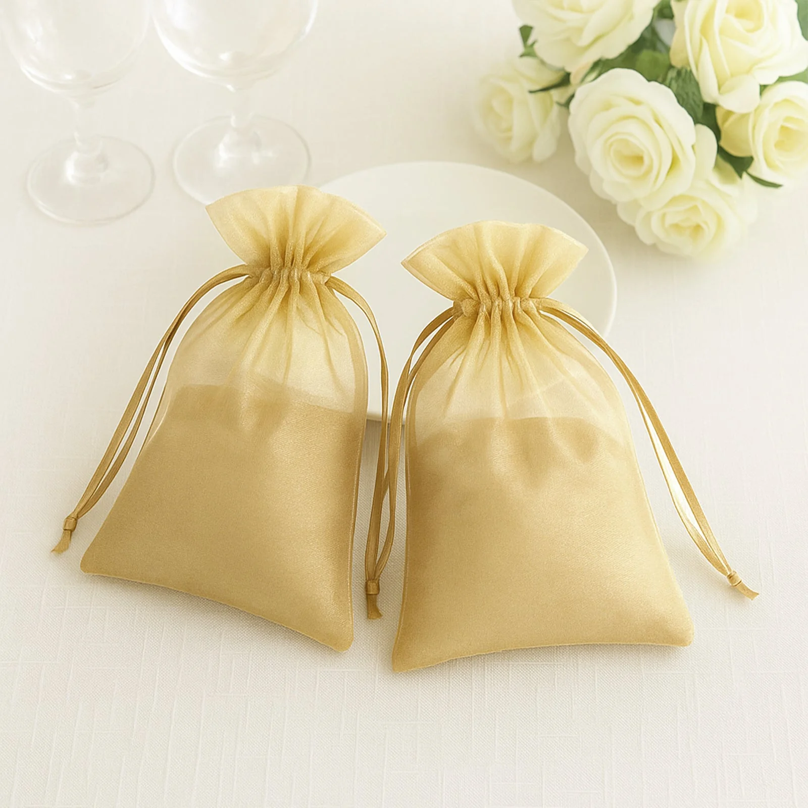 100 Pack Gold Organza Drawstring Gift Bags, 6" x 9" – Wedding Party Favor Bags - Image 7
