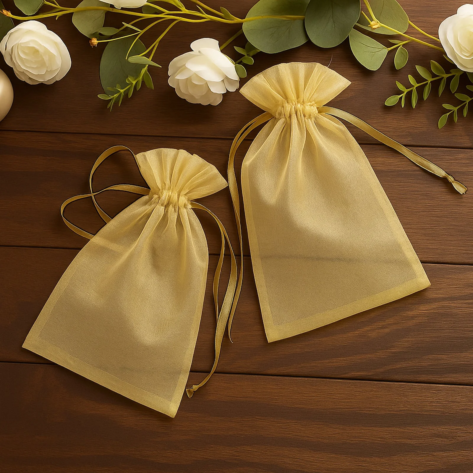 100 Pack Gold Organza Drawstring Gift Bags, 6" x 9" – Wedding Party Favor Bags - Image 8