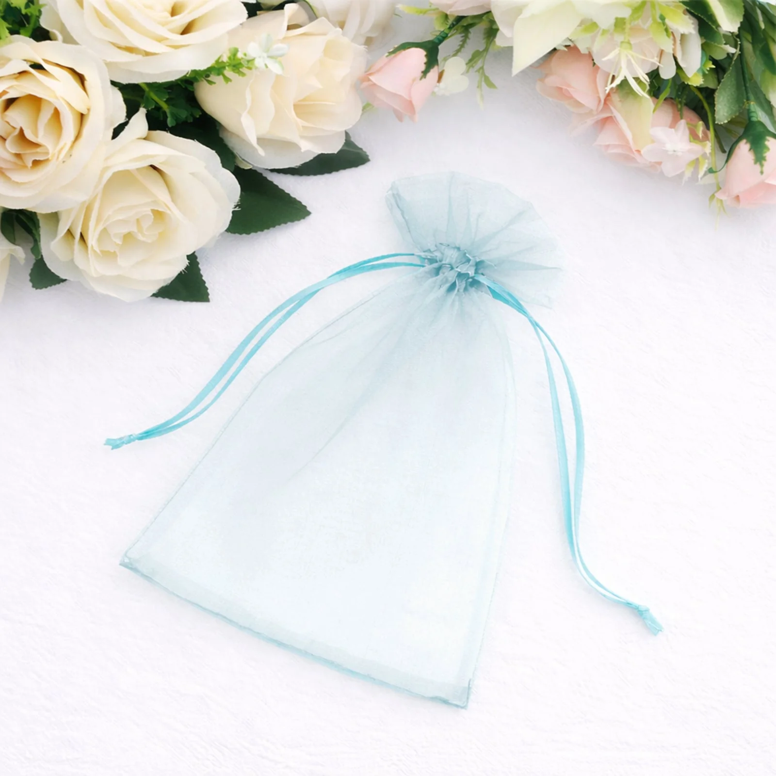 100 Pack Light Blue Organza Drawstring Gift Bags, 5" x 7" – Wedding Party Favor Bags