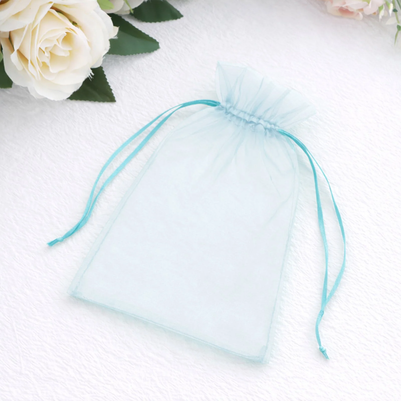 100 Pack Light Blue Organza Drawstring Gift Bags, 5" x 7" – Wedding Party Favor Bags - Image 10
