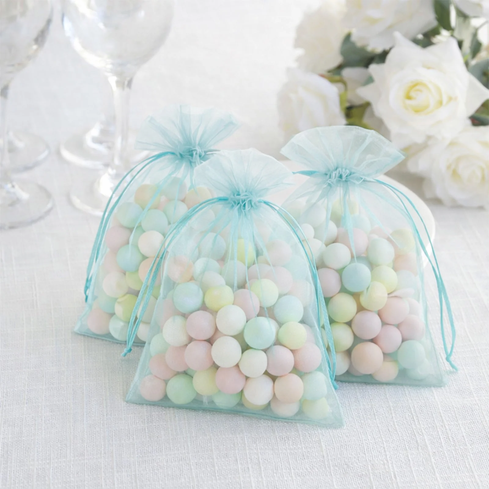 100 Pack Light Blue Organza Drawstring Gift Bags, 5" x 7" – Wedding Party Favor Bags - Image 6