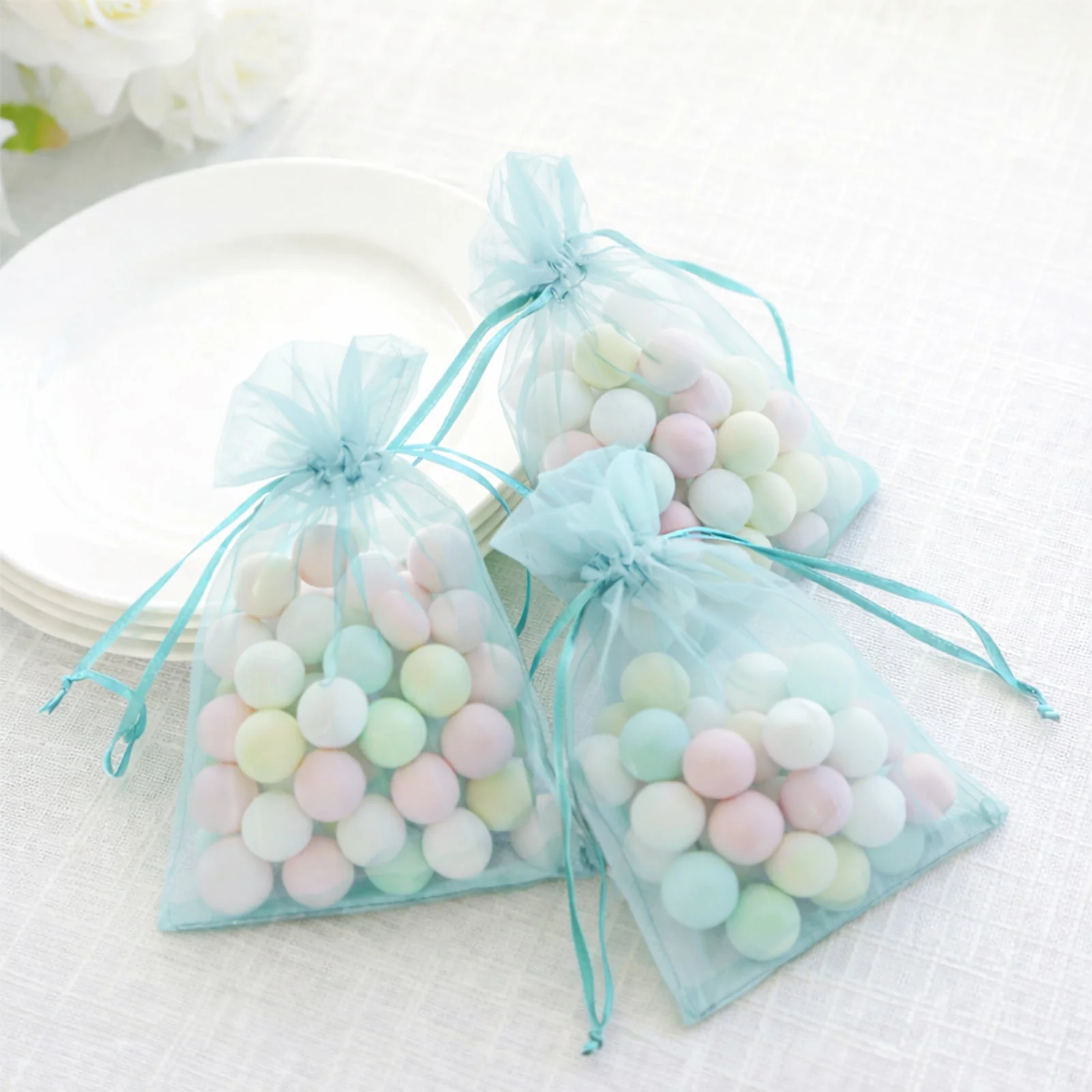 100 Pack Light Blue Organza Drawstring Gift Bags, 5" x 7" – Wedding Party Favor Bags - Image 8