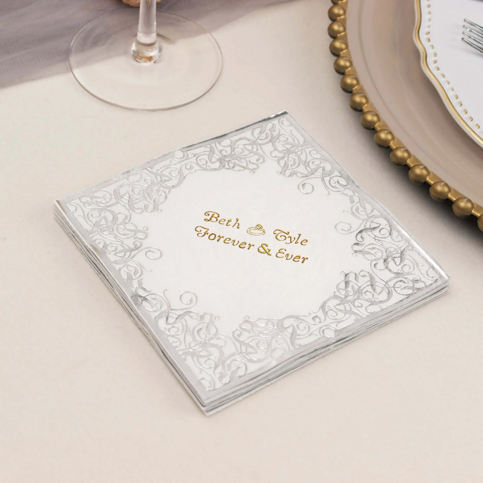 100-Pack Paper Cocktail Napkins White 3-Ply Personalized Small Emblem with Foil Lace Design - Custom Dinner Napkins - Image 2