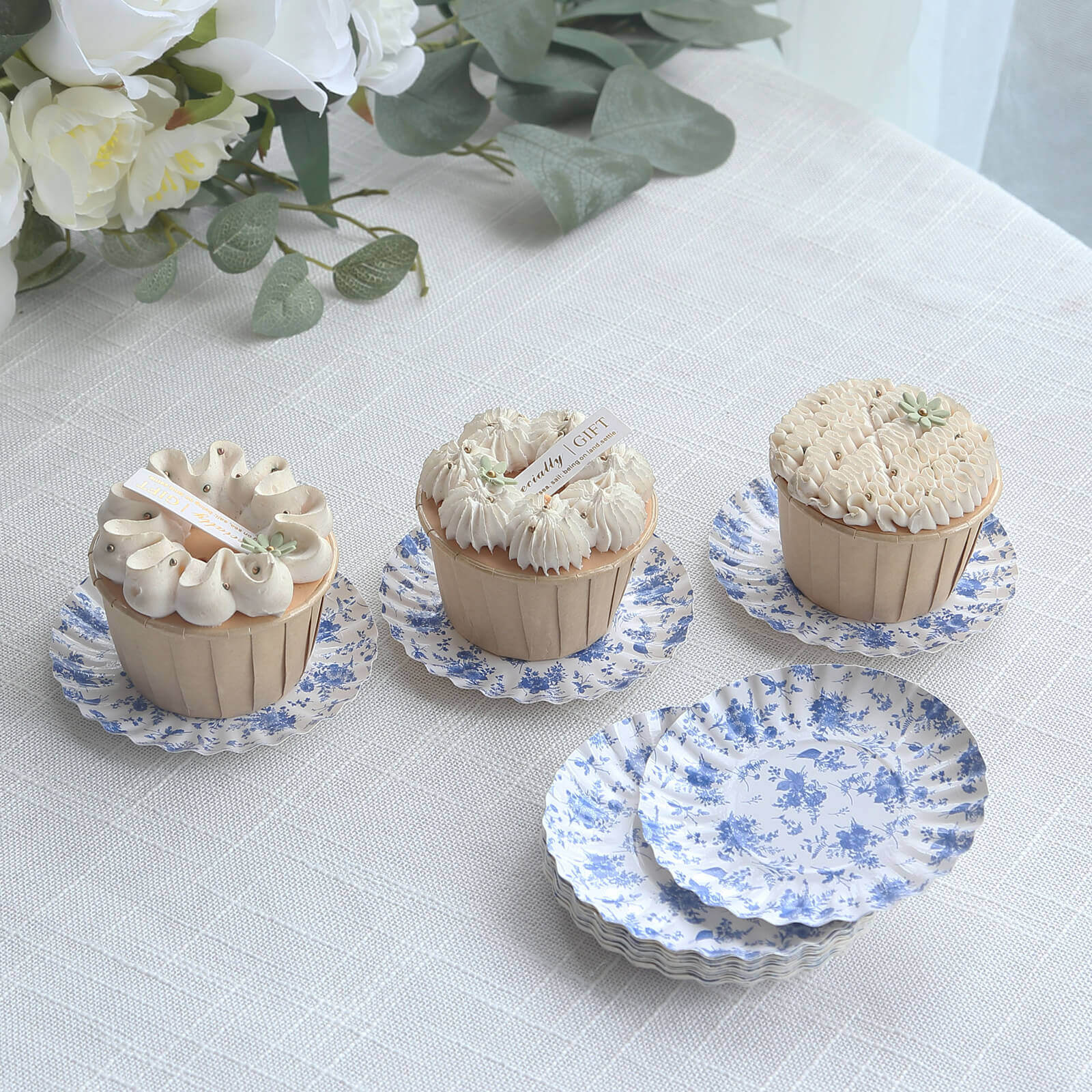100-Pack Paper Round Plates 3.5" White with Blue French Toile Design & Scalloped Rim - 250GSM Disposable Mini Dessert Party Plates for Tapas, Appetizers & Finger Foods