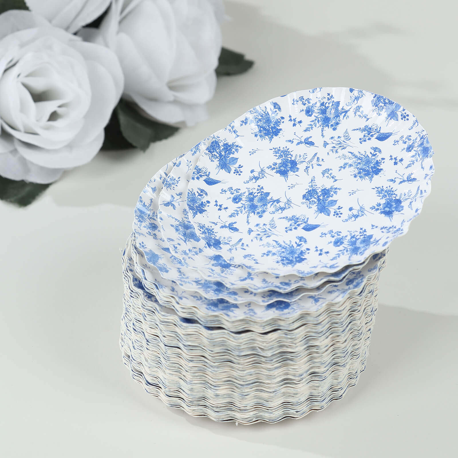 100-Pack Paper Round Plates 3.5" White with Blue French Toile Design & Scalloped Rim - 250GSM Disposable Mini Dessert Party Plates for Tapas, Appetizers & Finger Foods - Image 4