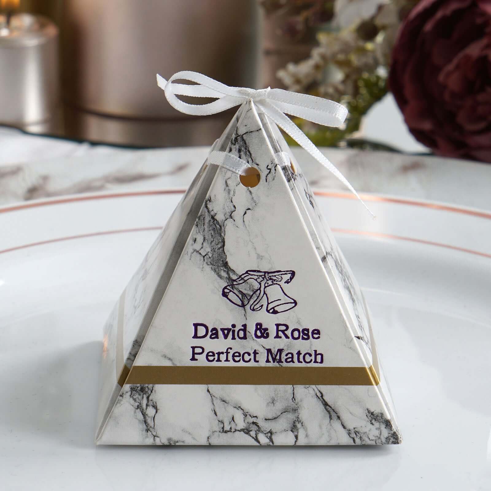 100 Pack Personalized Pyramid Shaped Wedding Favor Party Gift Boxes With Satin Ribbon Tie - Image 3