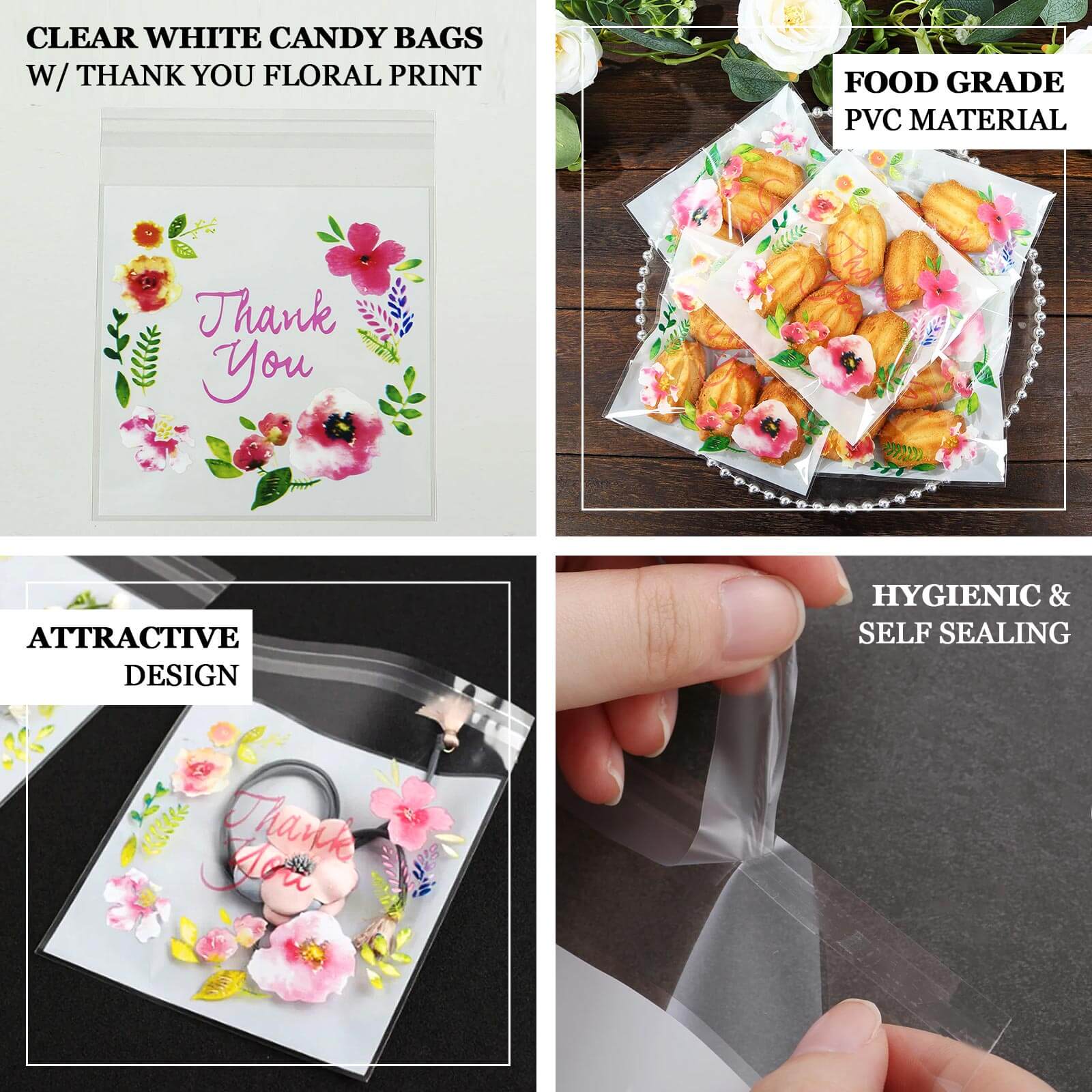 100-Pack PVC Cookie Candy Bags 6"x7" White/Clear With "Thank You" Floral Accents - Chic Self Sealing Transparent Goodie Bags for Confections Baked Treats Party Favors - Image 4