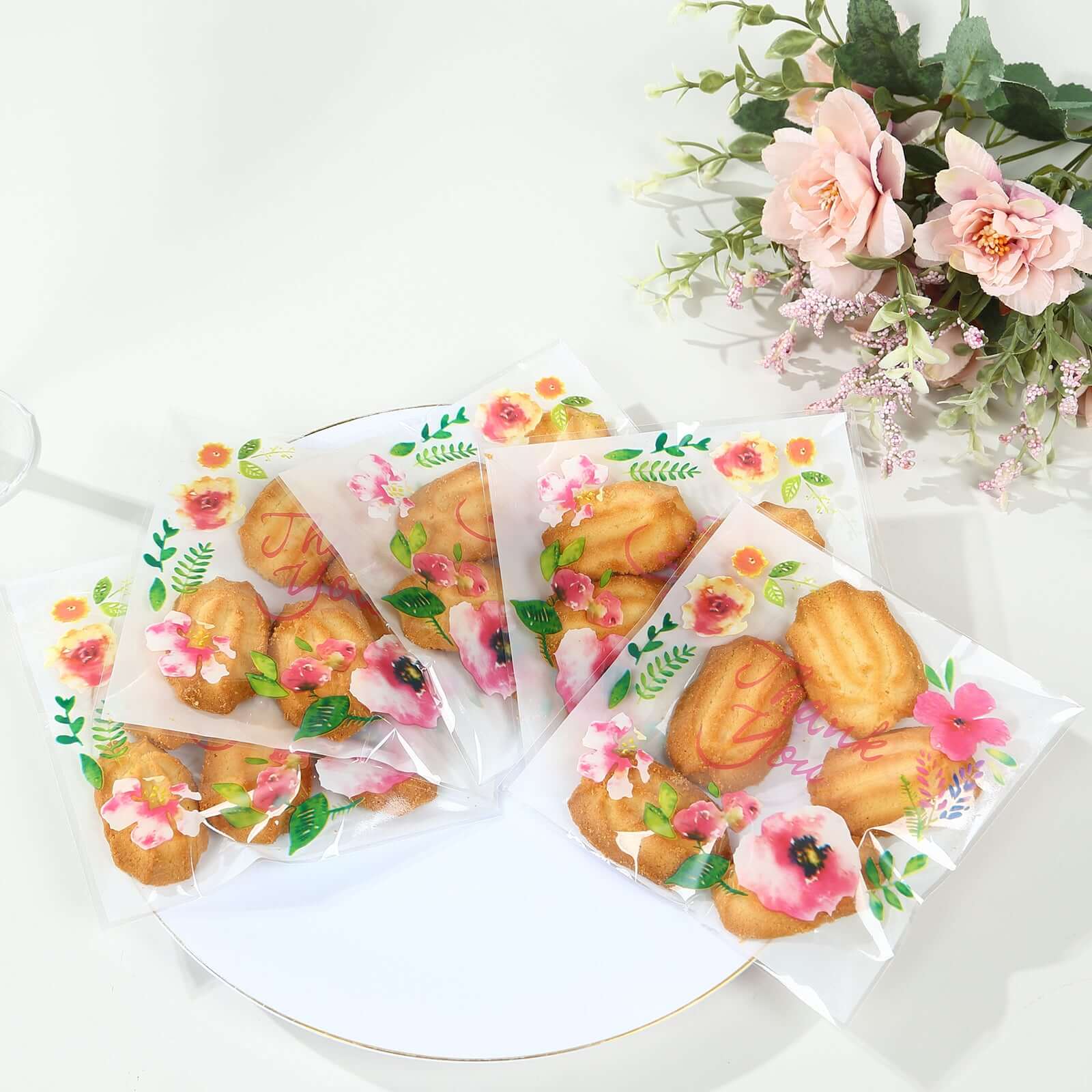 100-Pack PVC Cookie Candy Bags 6"x7" White/Clear With "Thank You" Floral Accents - Chic Self Sealing Transparent Goodie Bags for Confections Baked Treats Party Favors - Image 9