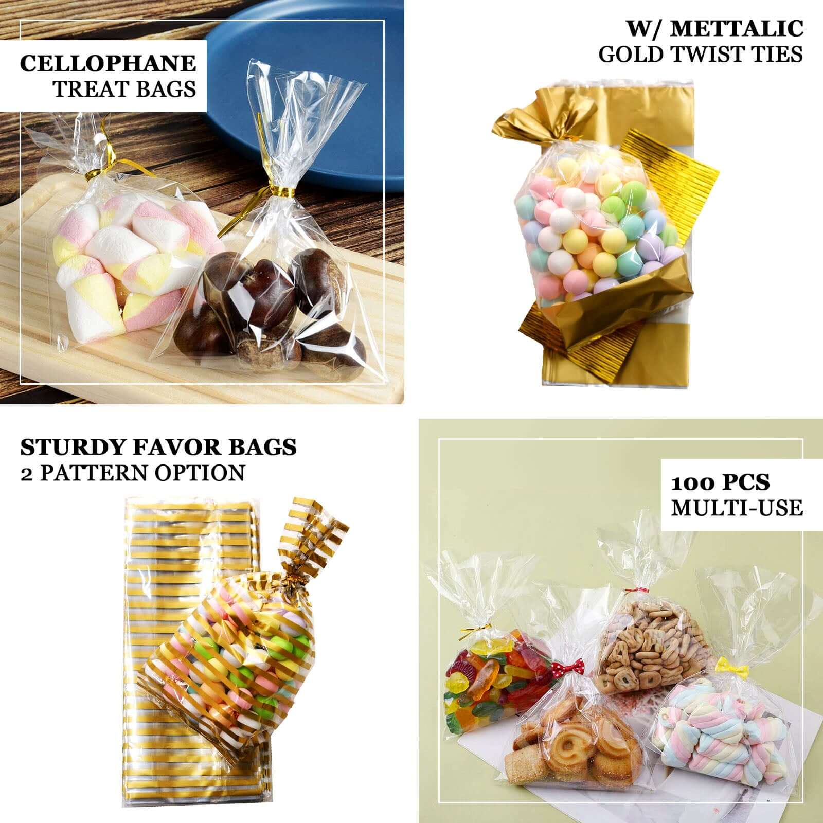 100 Pcs Clear Gift Goodie Candy Treat Bags and Gold Twist Ties 6"x10" - Image 4