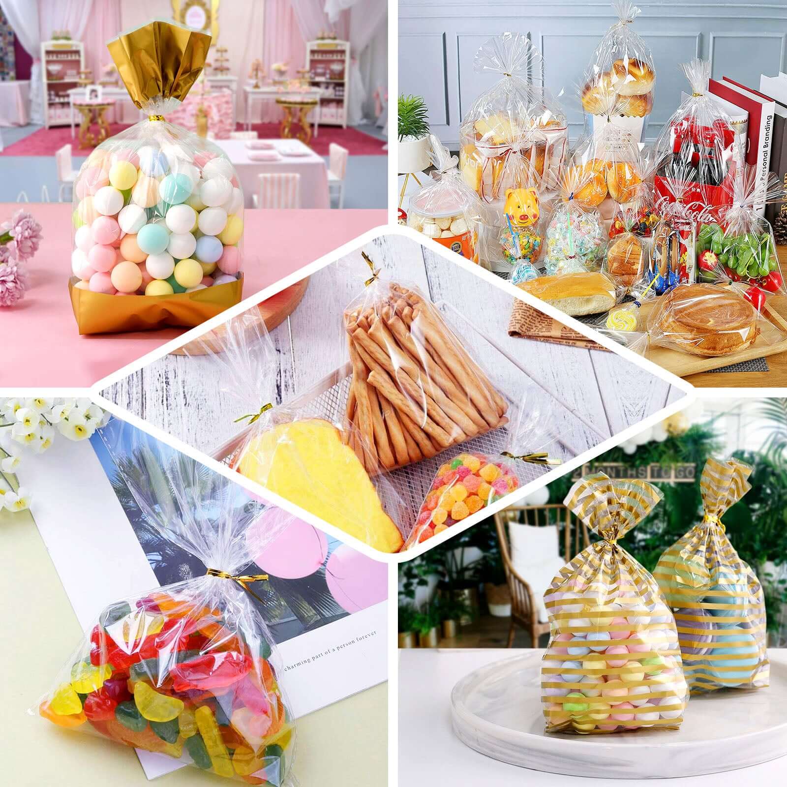 100 Pcs Clear Gift Goodie Candy Treat Bags and Gold Twist Ties 6"x10" - Image 5