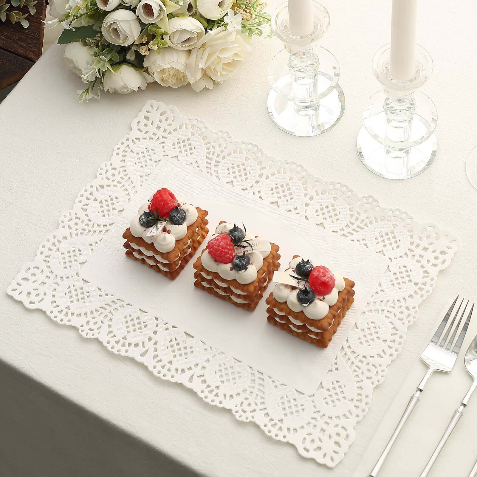 100 Pcs Paper Rectangle Placemats 14"x10" White - Food Grade Lace Paper Doilies for Desserts, Crafts & Table Decor - Image 8