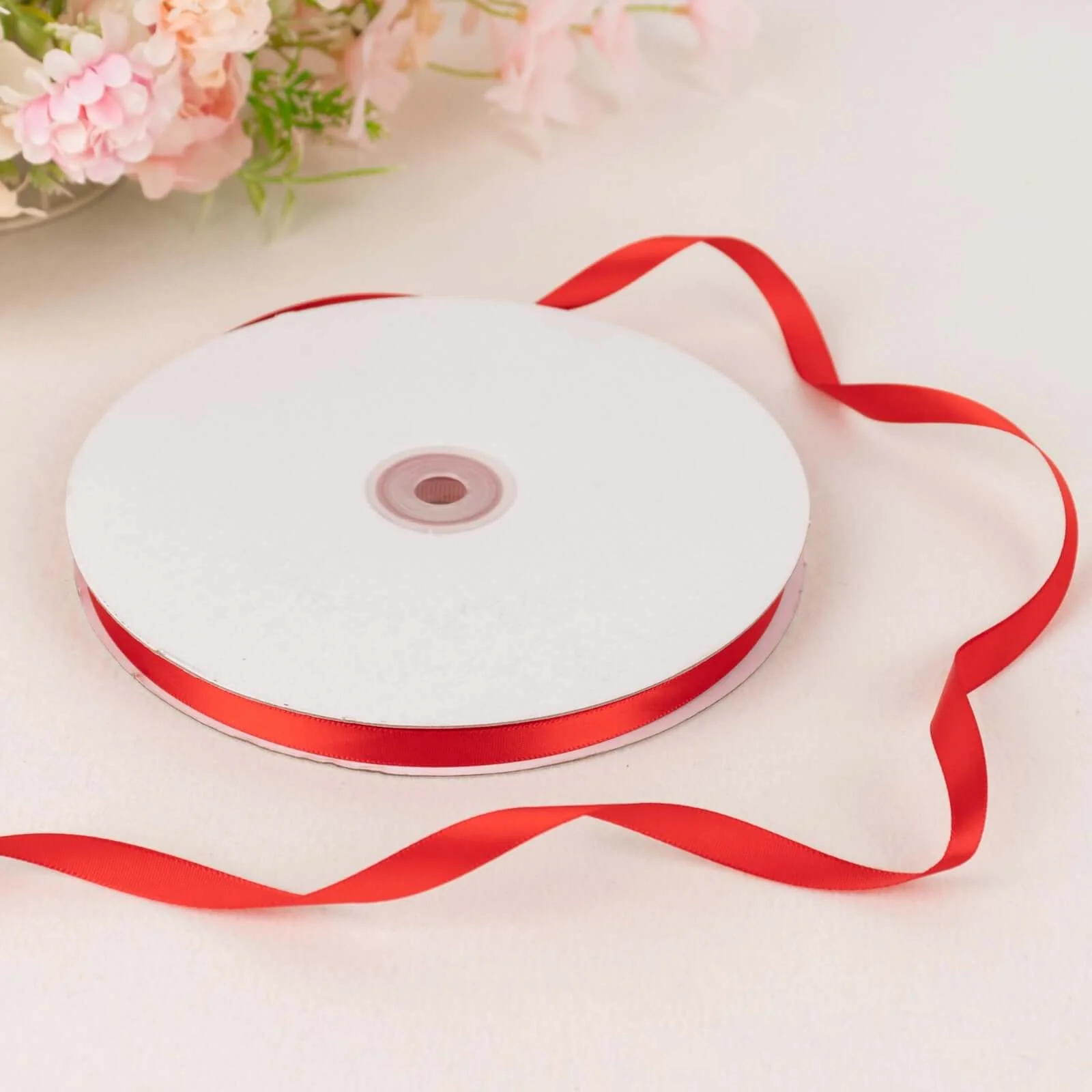 Red Single Face Decorative Satin Ribbon 100 Yards 3/8" - Image 2