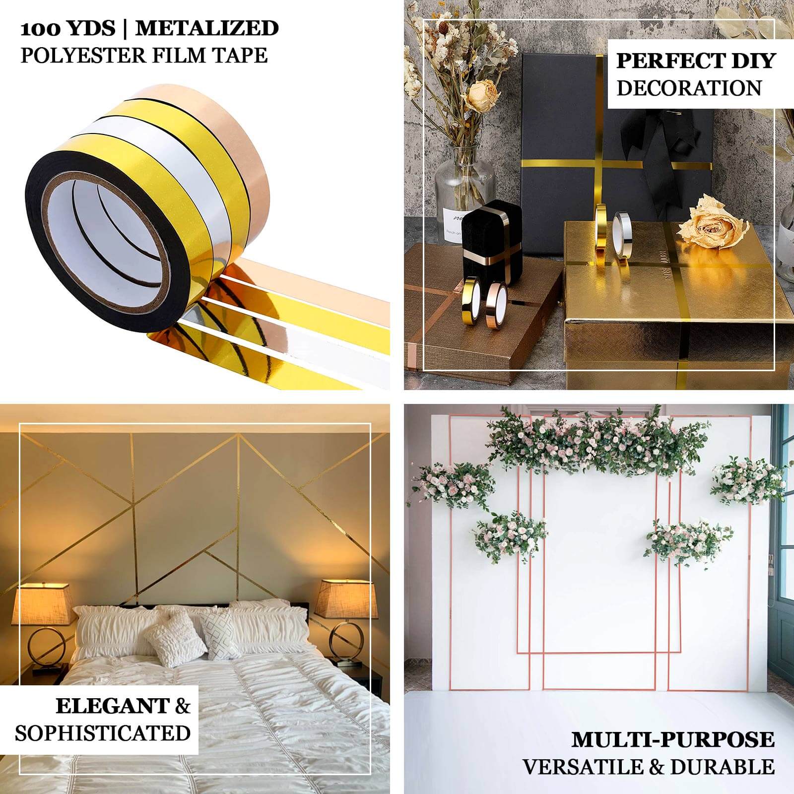 Gold Metallic Film Tape Adhesive, DIY Floral Wrap Craft Decor Tape - Polyester with Acrylic 100 Yds 2" - Image 3