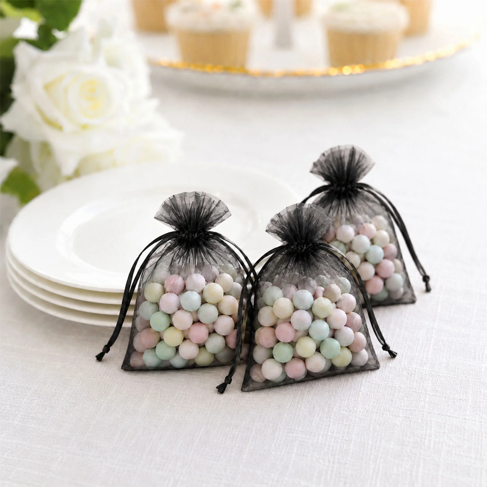 100 Pack Black Organza Drawstring Favor Bags 3" x 4" – Wedding Party Gift Bags - Image 6