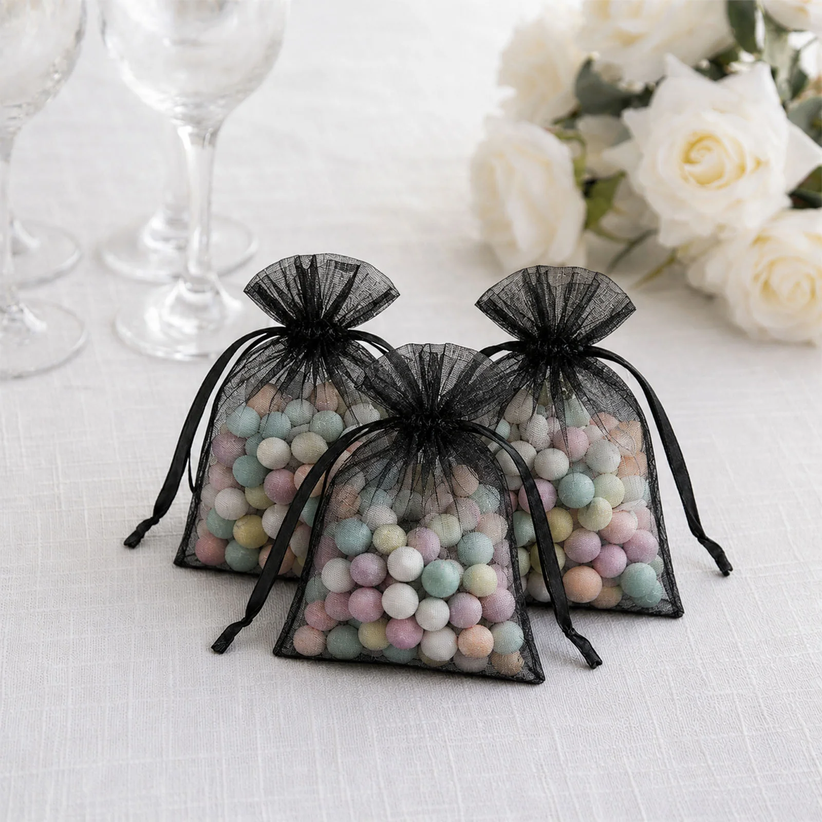 100 Pack Black Organza Drawstring Favor Bags 3" x 4" – Wedding Party Gift Bags - Image 9
