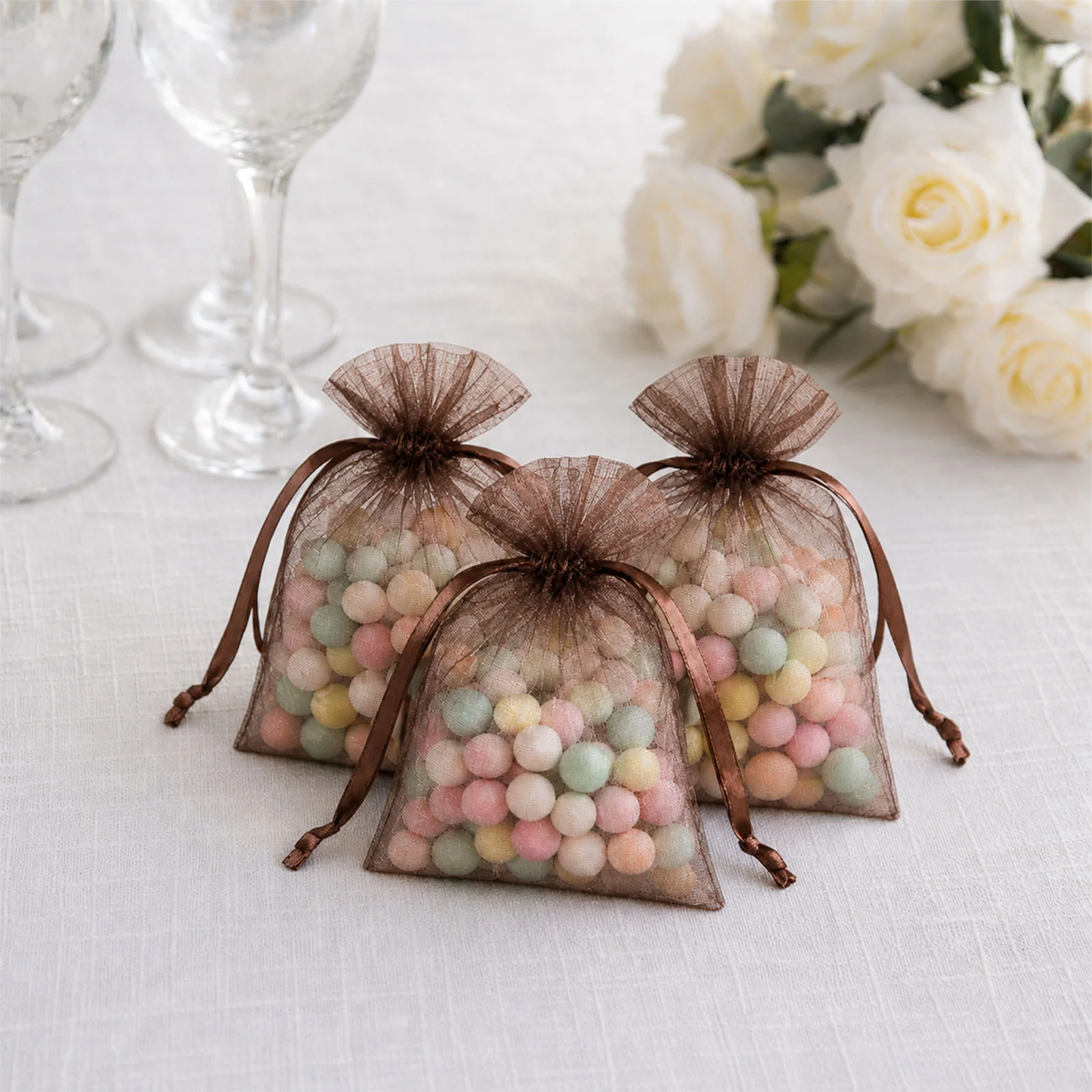 100 Pack Chocolate Organza Drawstring Favor Bags 3" x 4" – Wedding Party Gift Bags - Image 10