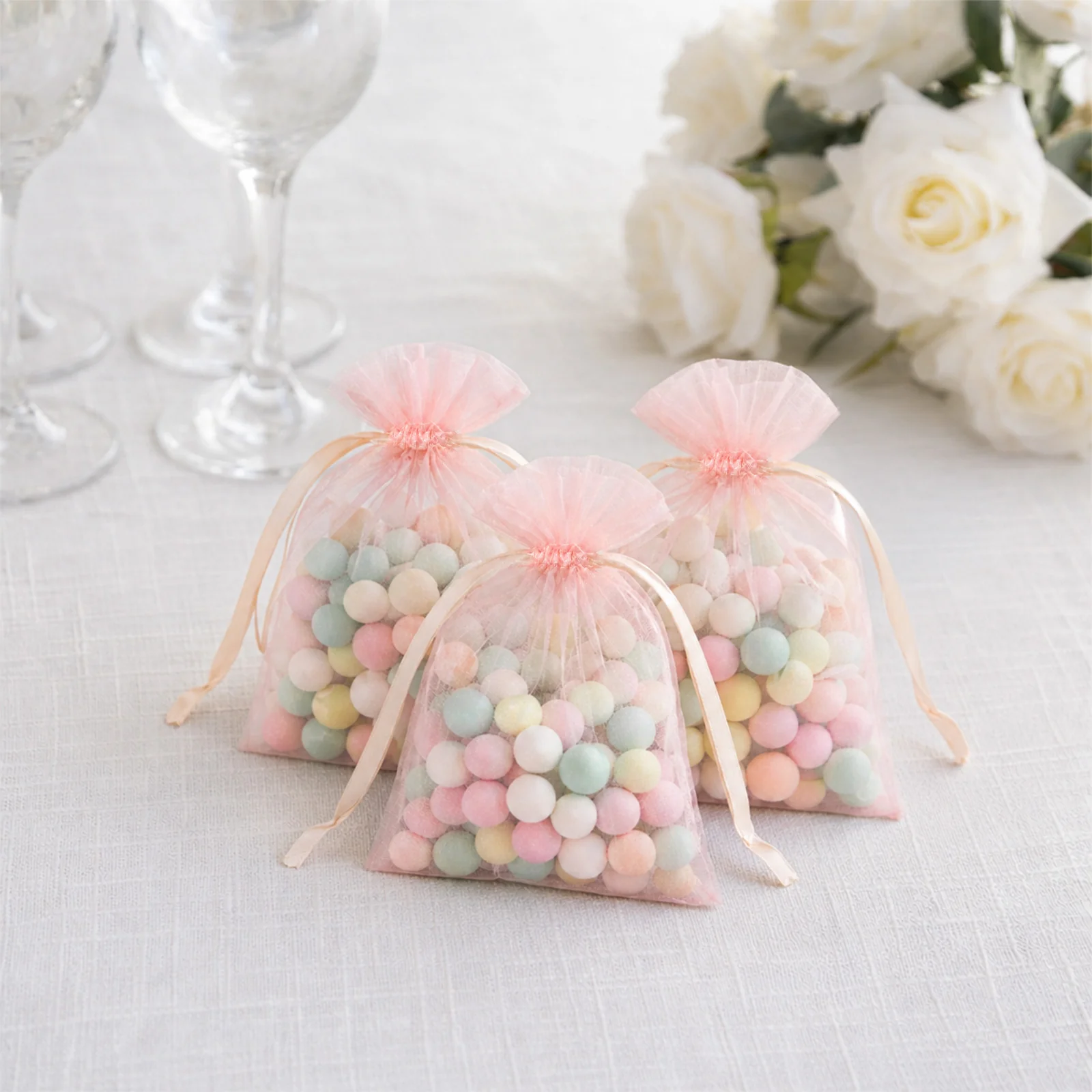 100 Pack Blush Organza Drawstring Favor Bags 3" x 4" – Wedding Party Gift Bags - Image 4