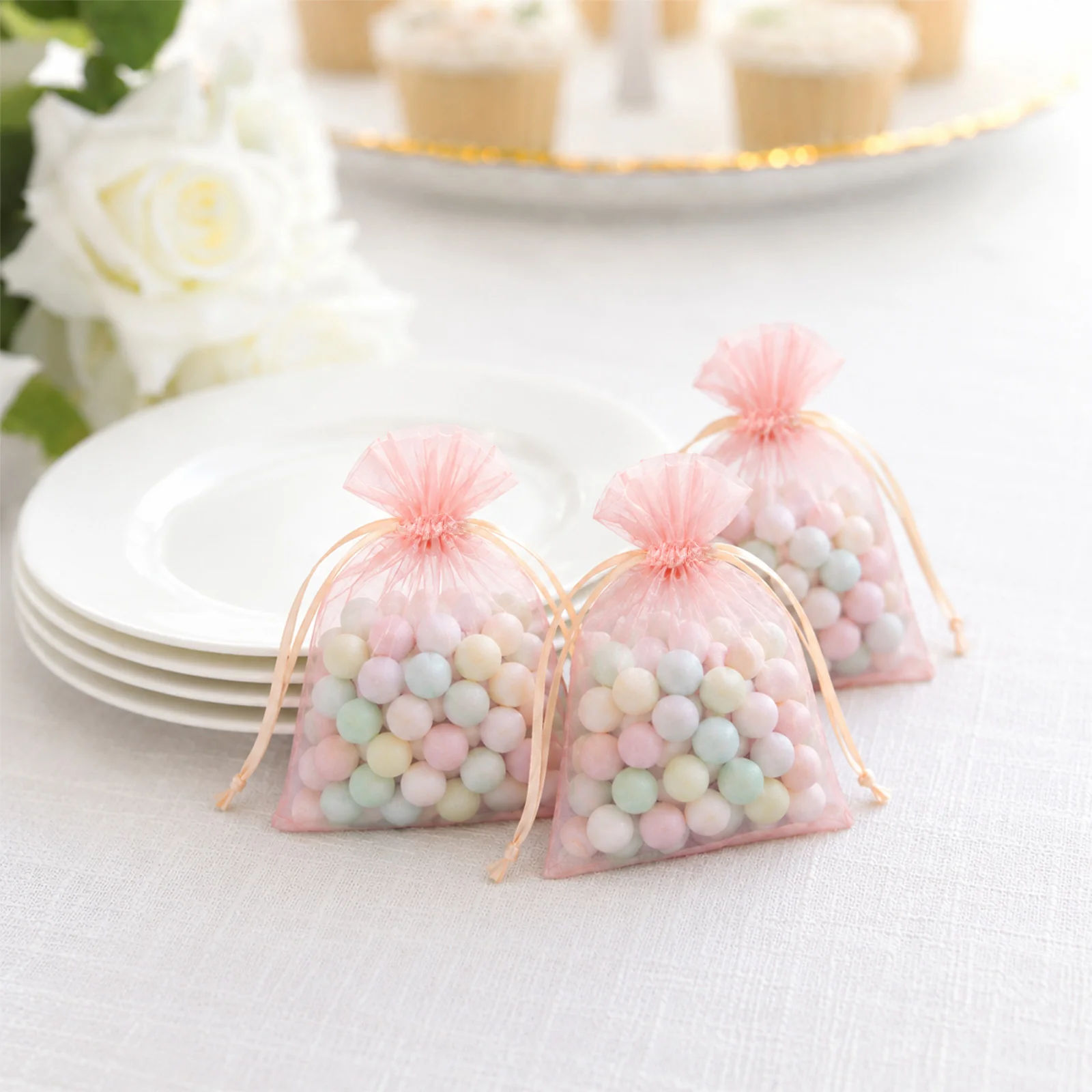 100 Pack Blush Organza Drawstring Favor Bags 3" x 4" – Wedding Party Gift Bags - Image 5