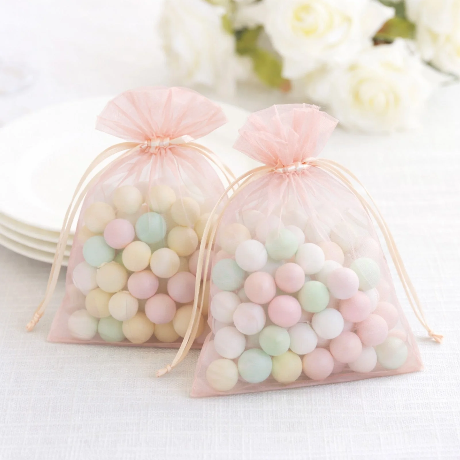 100 Pack Blush Organza Drawstring Gift Bags, 5" x 7" – Wedding Party Favor Bags - Image 10