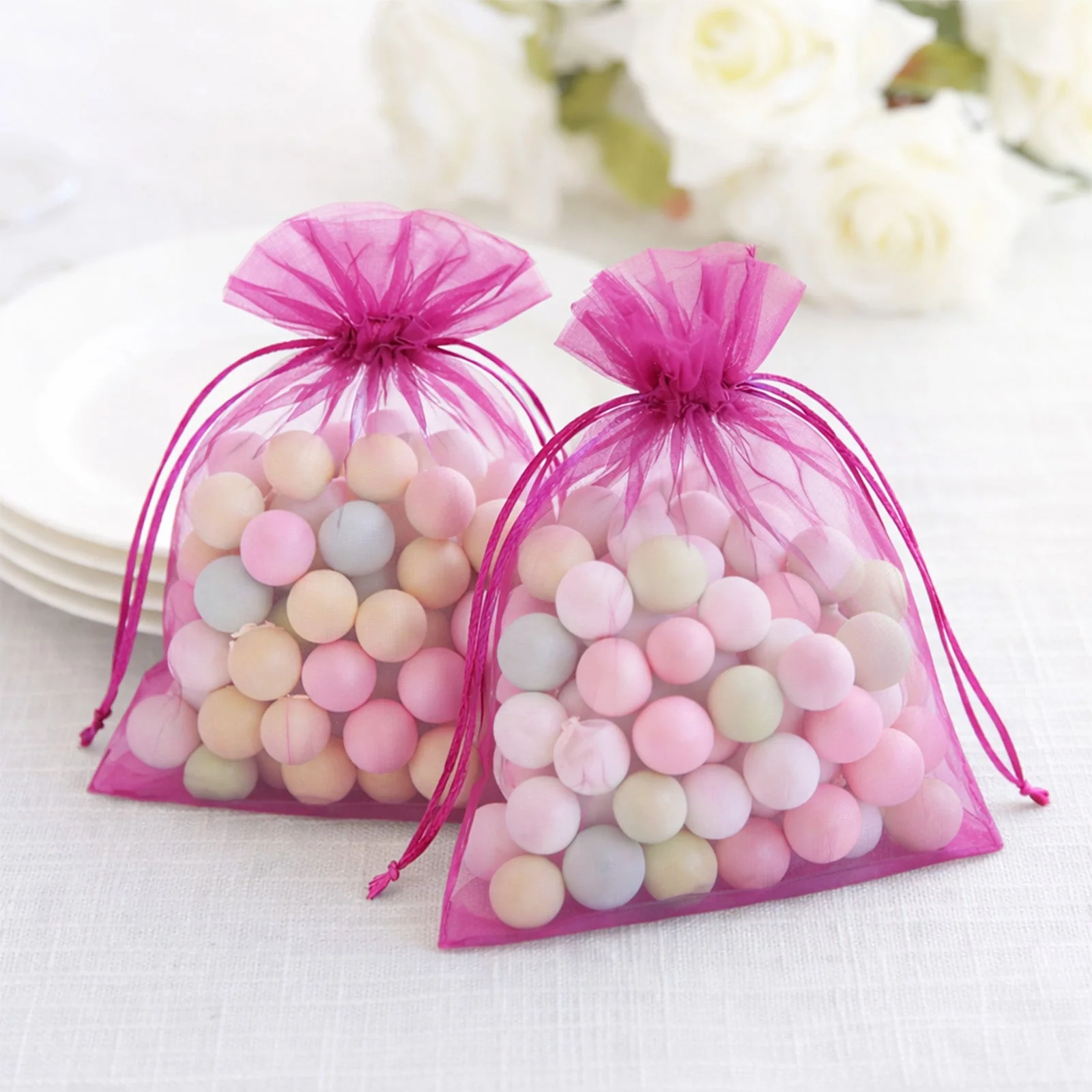 100 Pack Fuchsia Organza Drawstring Gift Bags, 5" x 7" – Wedding Party Favor Bags - Image 10