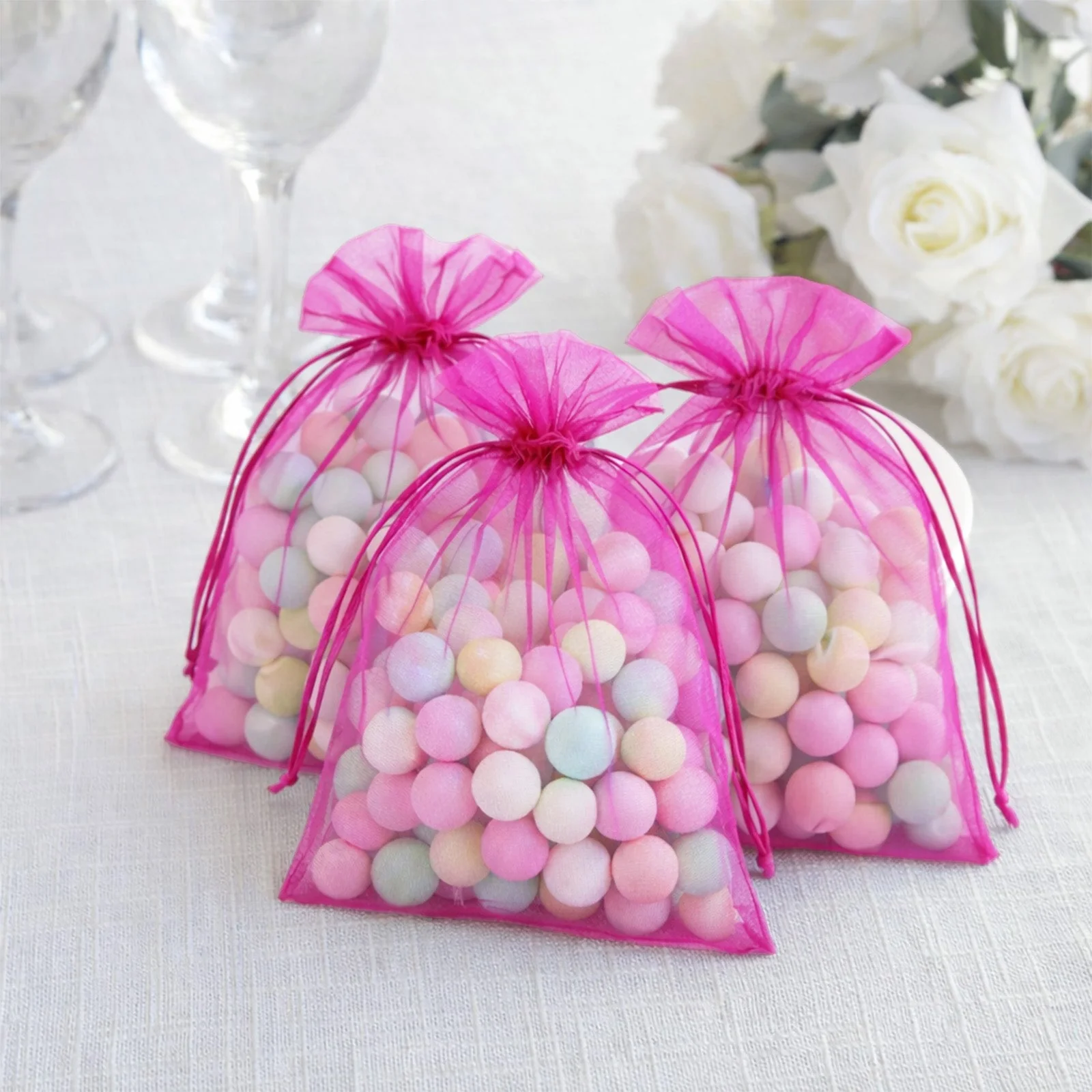 100 Pack Fuchsia Organza Drawstring Gift Bags, 5" x 7" – Wedding Party Favor Bags - Image 7