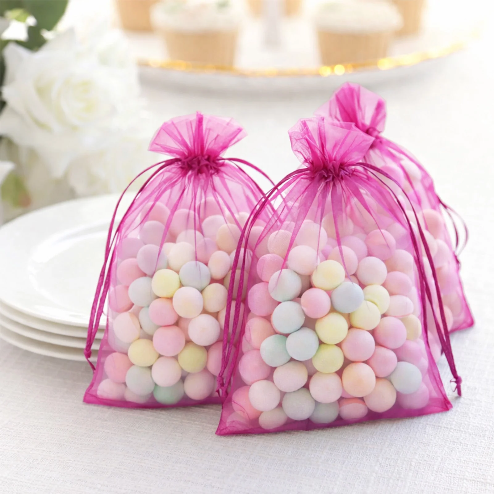 100 Pack Fuchsia Organza Drawstring Gift Bags, 5" x 7" – Wedding Party Favor Bags - Image 8