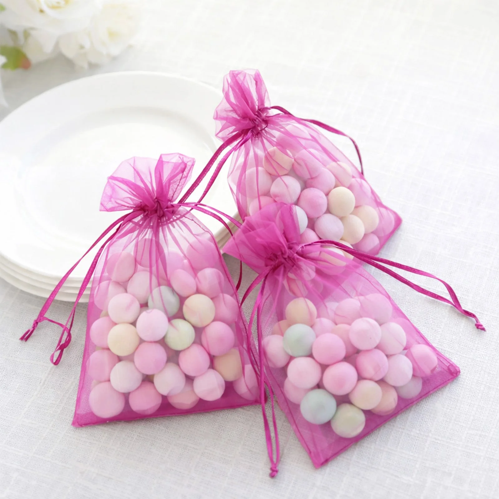 100 Pack Fuchsia Organza Drawstring Gift Bags, 5" x 7" – Wedding Party Favor Bags - Image 9