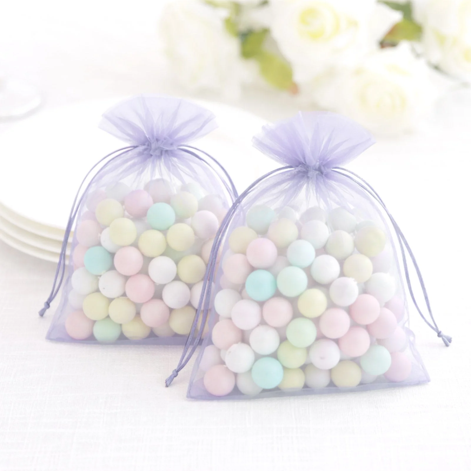 100 Pack Lavender Lilac Organza Drawstring Gift Bags, 5" x 7" – Wedding Party Favor Bags - Image 10