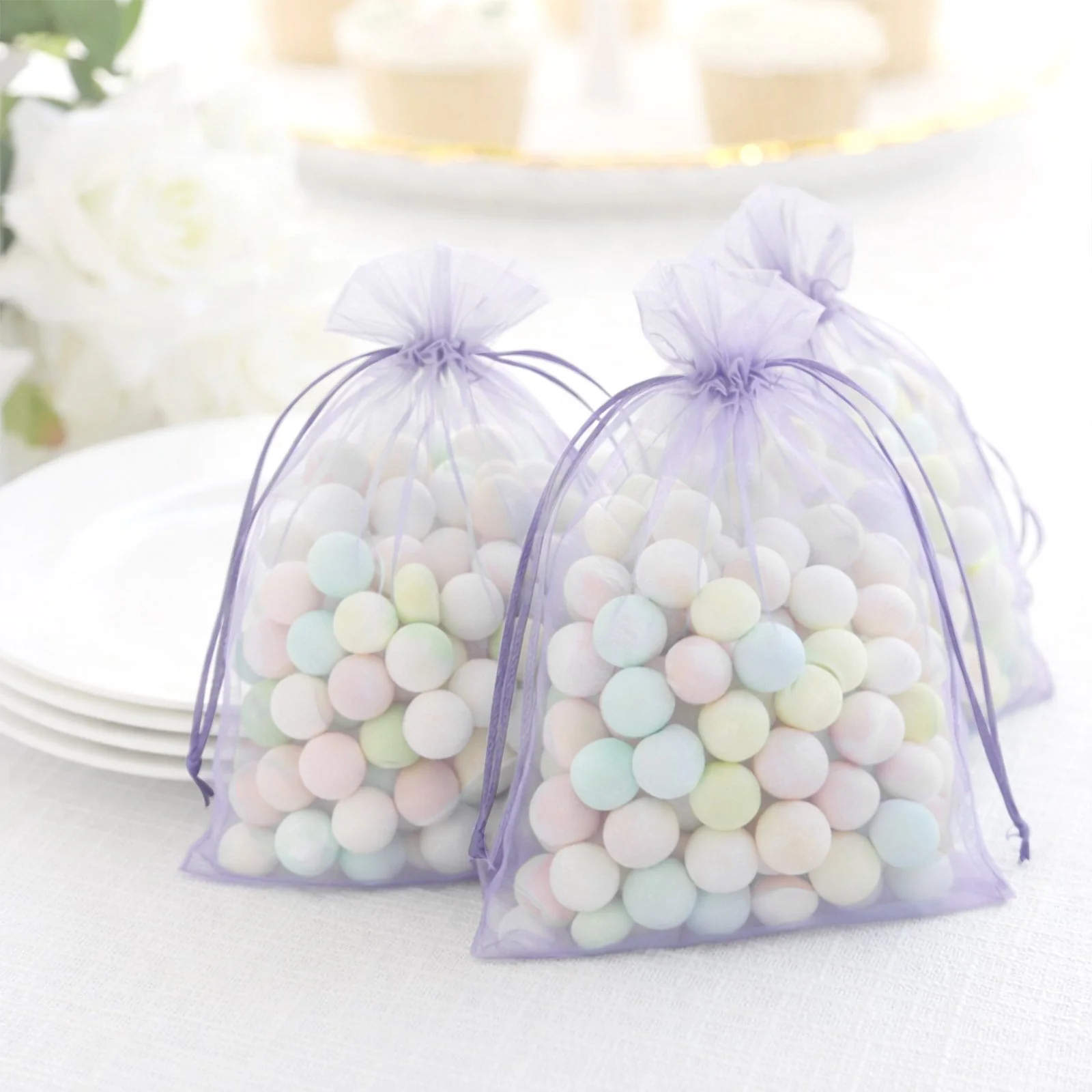 100 Pack Lavender Lilac Organza Drawstring Gift Bags, 5" x 7" – Wedding Party Favor Bags - Image 8