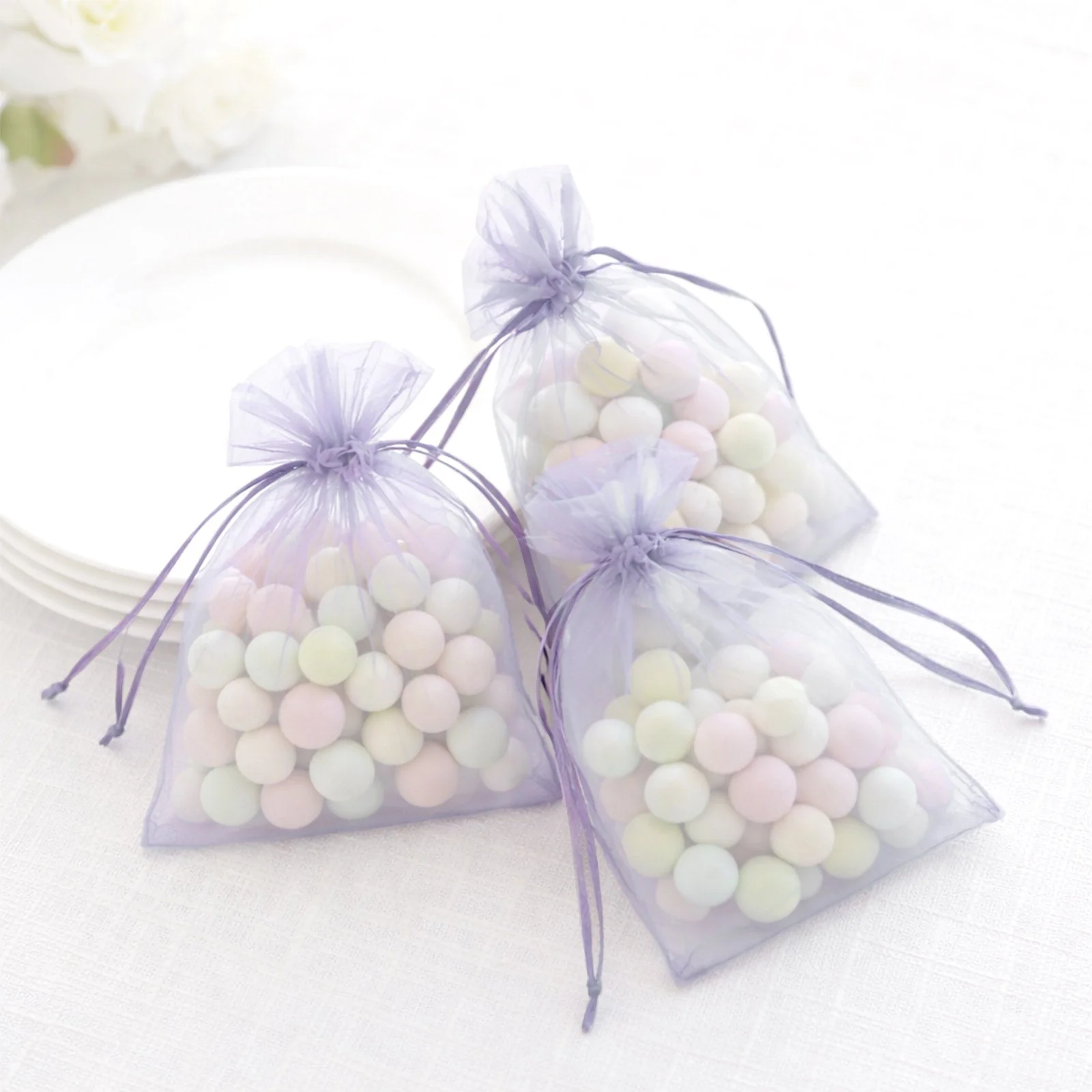 100 Pack Lavender Lilac Organza Drawstring Gift Bags, 5" x 7" – Wedding Party Favor Bags - Image 9