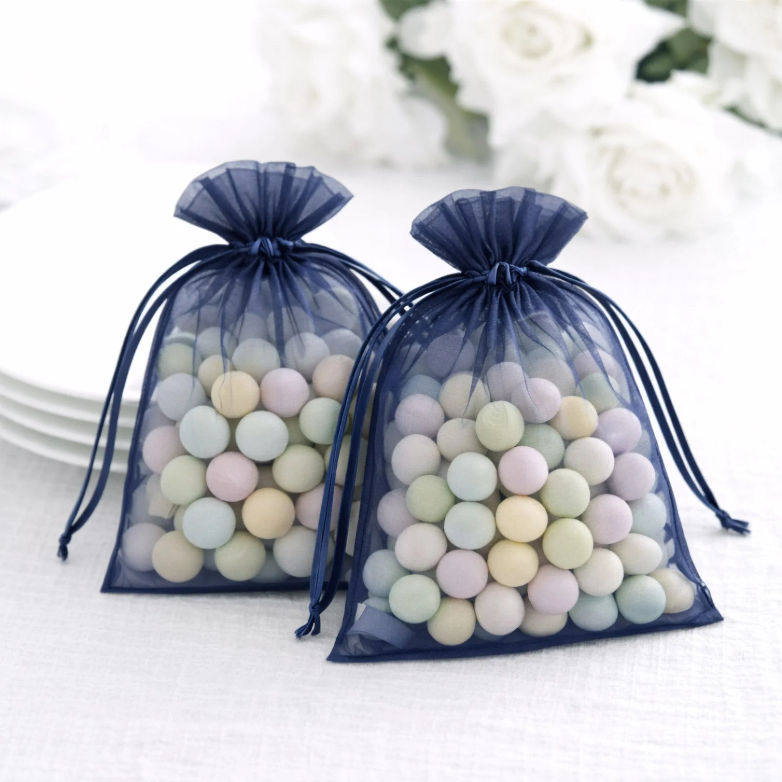 100 Pack Navy Blue Organza Drawstring Gift Bags, 5" x 7" – Wedding Party Favor Bags - Image 10