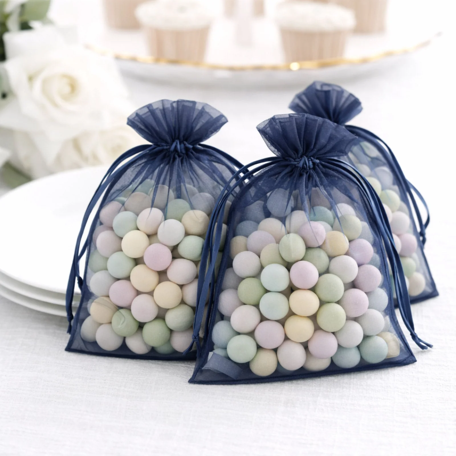 100 Pack Navy Blue Organza Drawstring Gift Bags, 5" x 7" – Wedding Party Favor Bags - Image 8