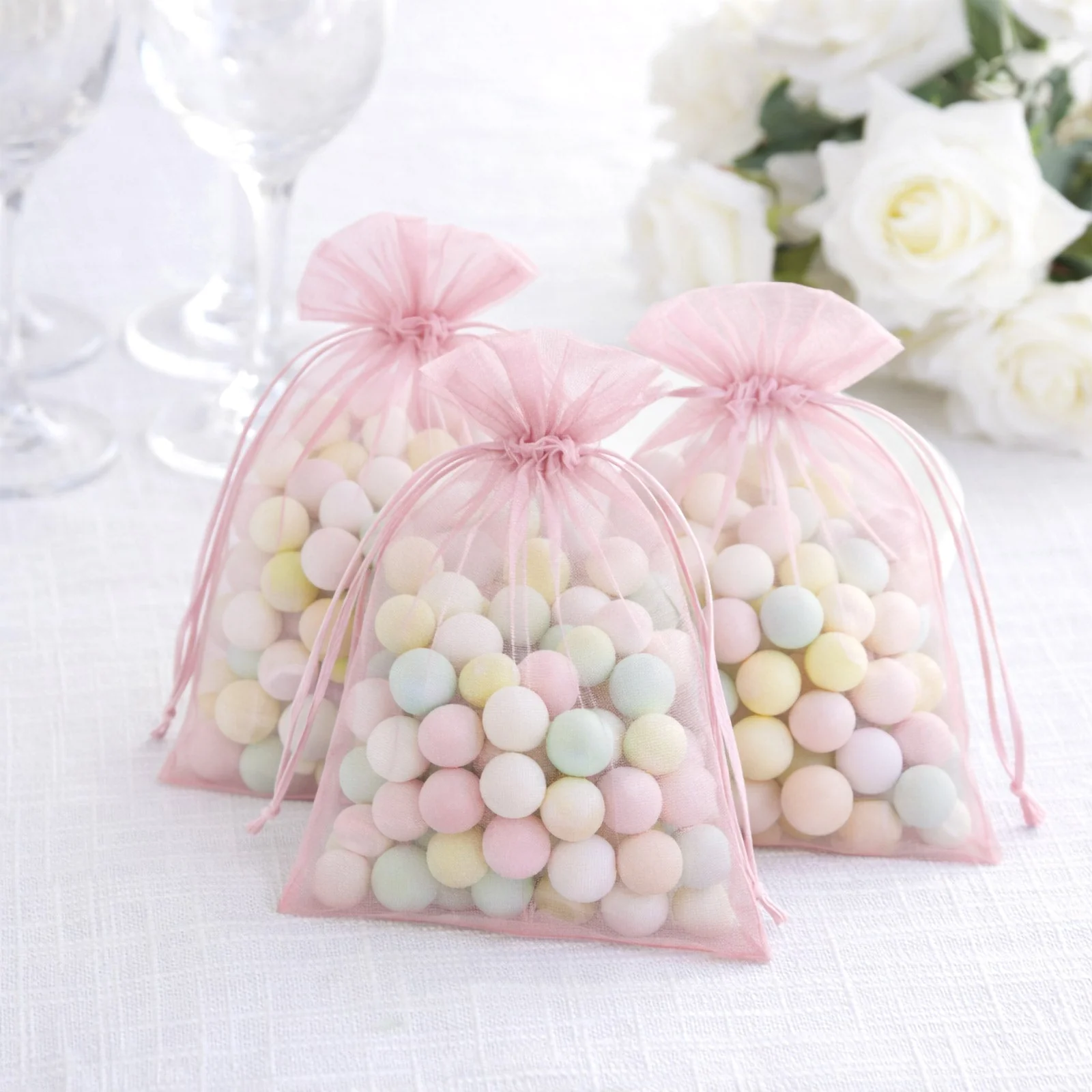 100 Pack Pink Organza Drawstring Gift Bags, 5" x 7" – Wedding Party Favor Bags - Image 6