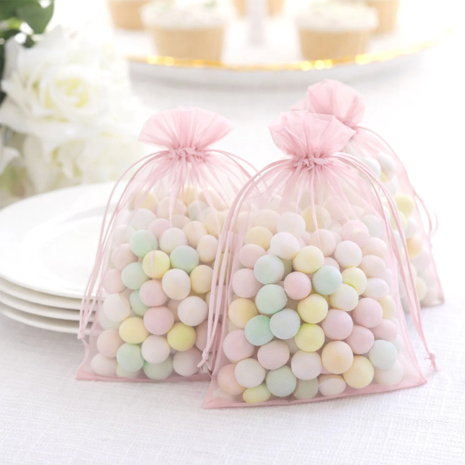 100 Pack Pink Organza Drawstring Gift Bags, 5" x 7" – Wedding Party Favor Bags - Image 7