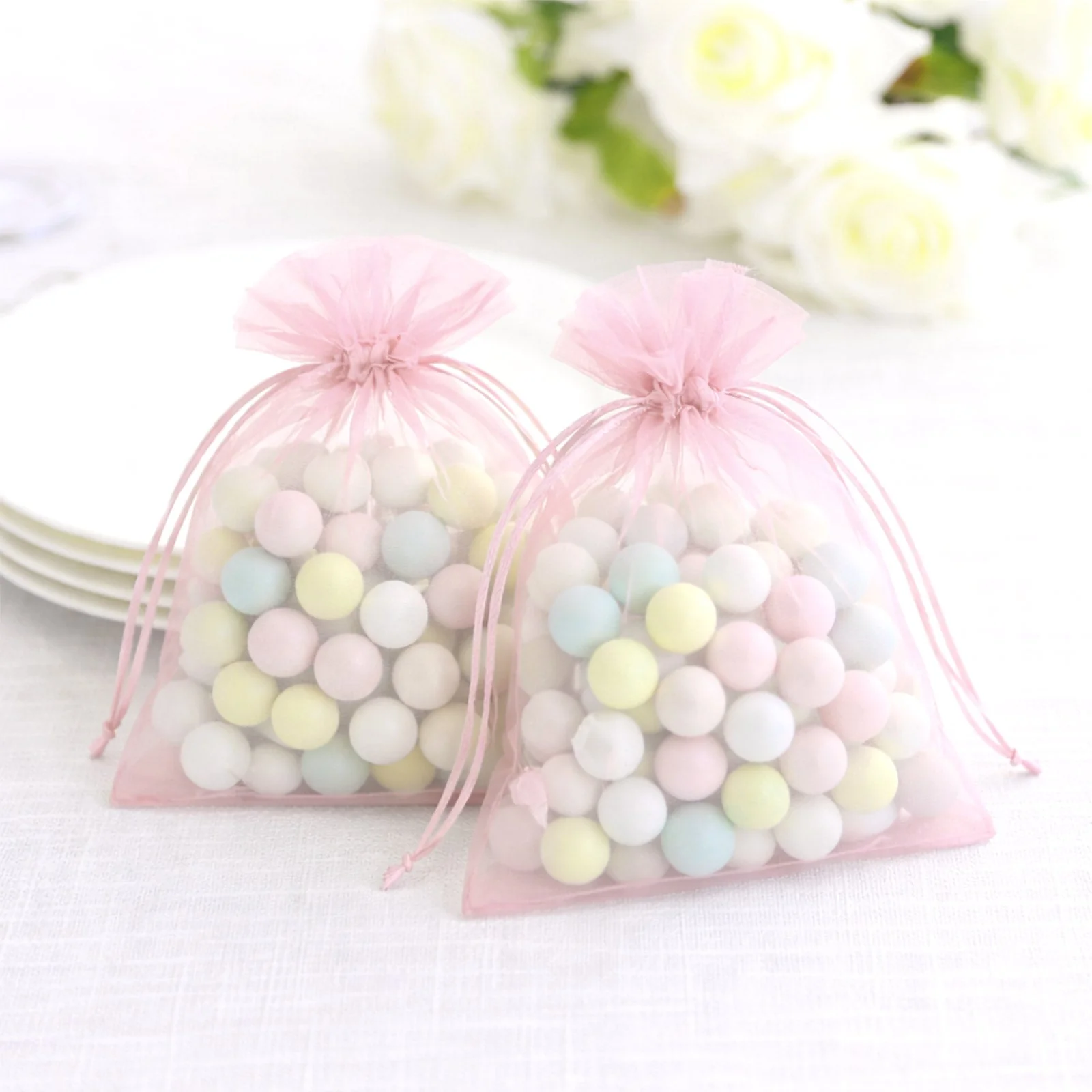100 Pack Pink Organza Drawstring Gift Bags, 5" x 7" – Wedding Party Favor Bags - Image 9
