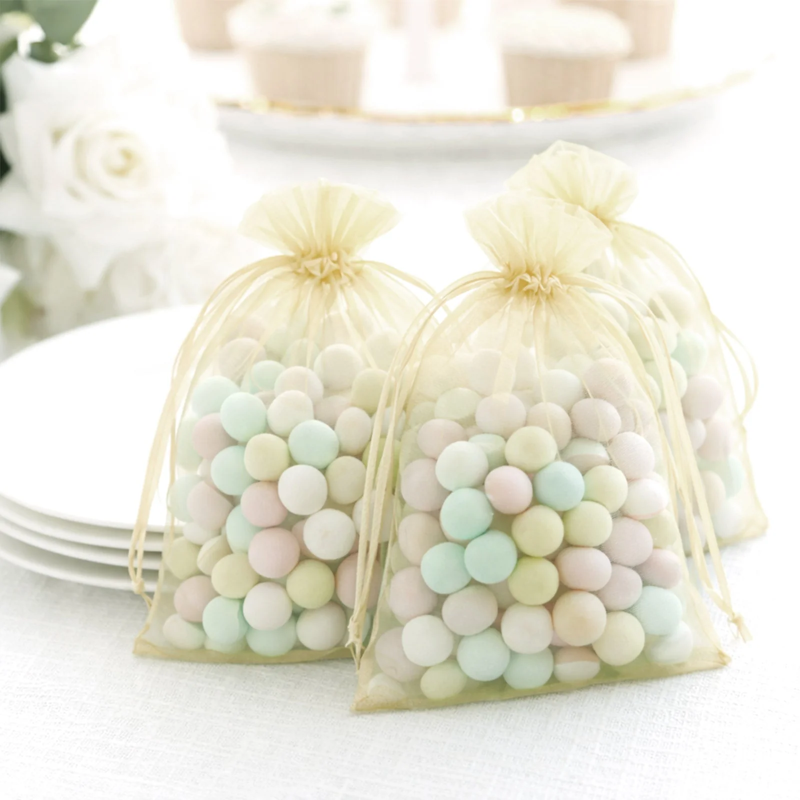 100 Pack Yellow Organza Drawstring Gift Bags, 5" x 7" – Wedding Party Favor Bags - Image 8