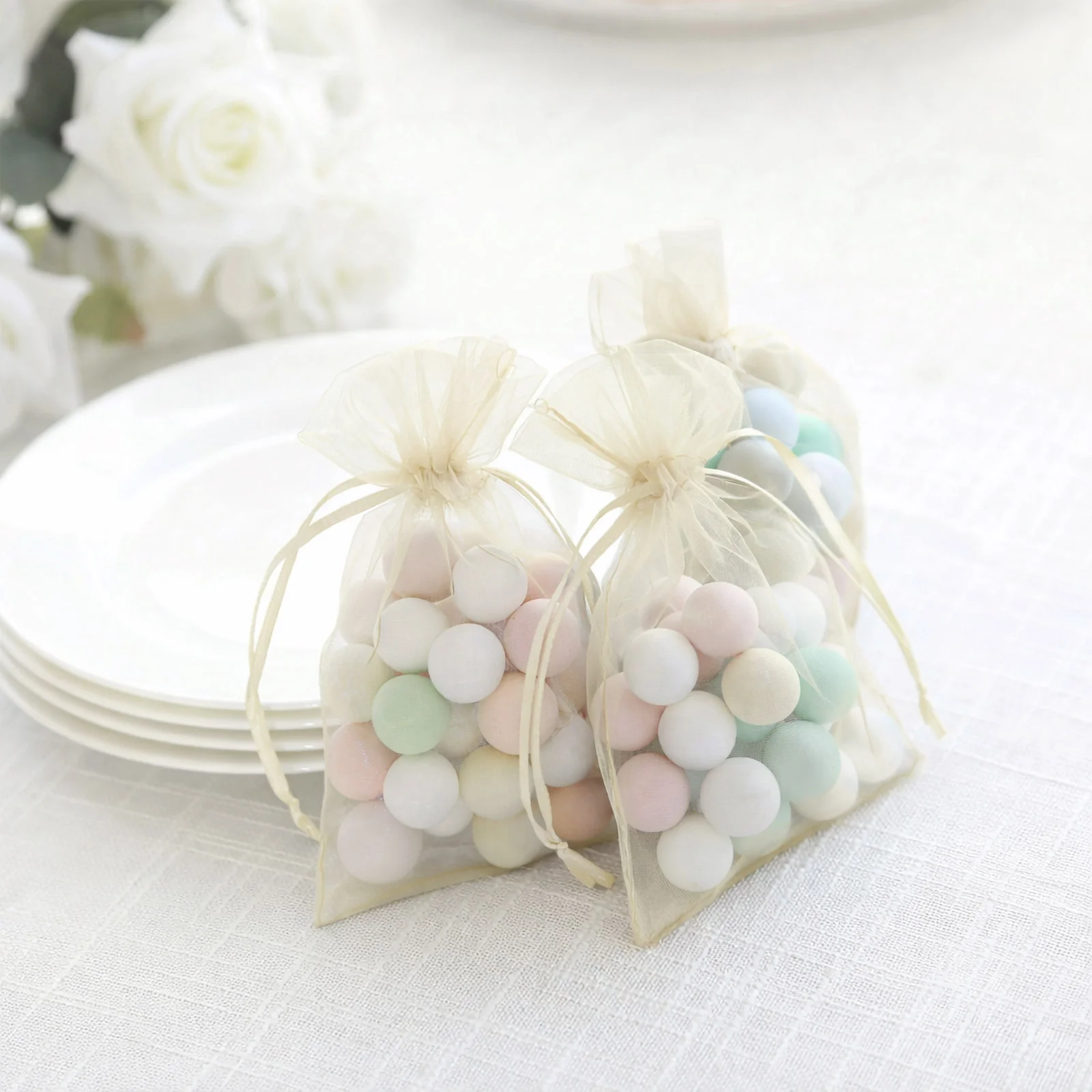 100 Pack Ivory Organza Drawstring Gift Bags, 4" x 6" – Wedding Party Favor Bags - Image 7