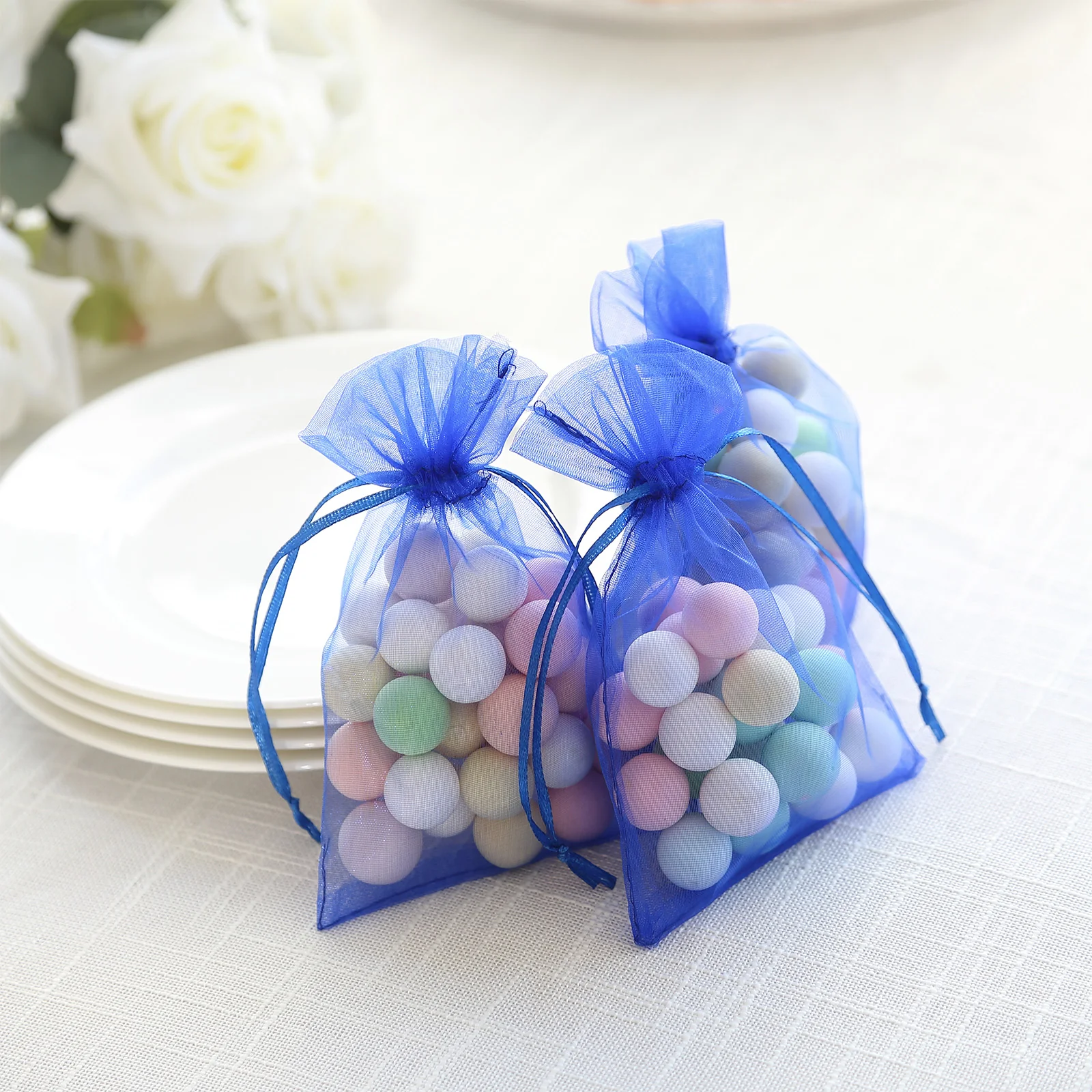 100 Pack Royal Blue Organza Drawstring Gift Bags, 4" x 6" – Wedding Party Favor Bags - Image 7