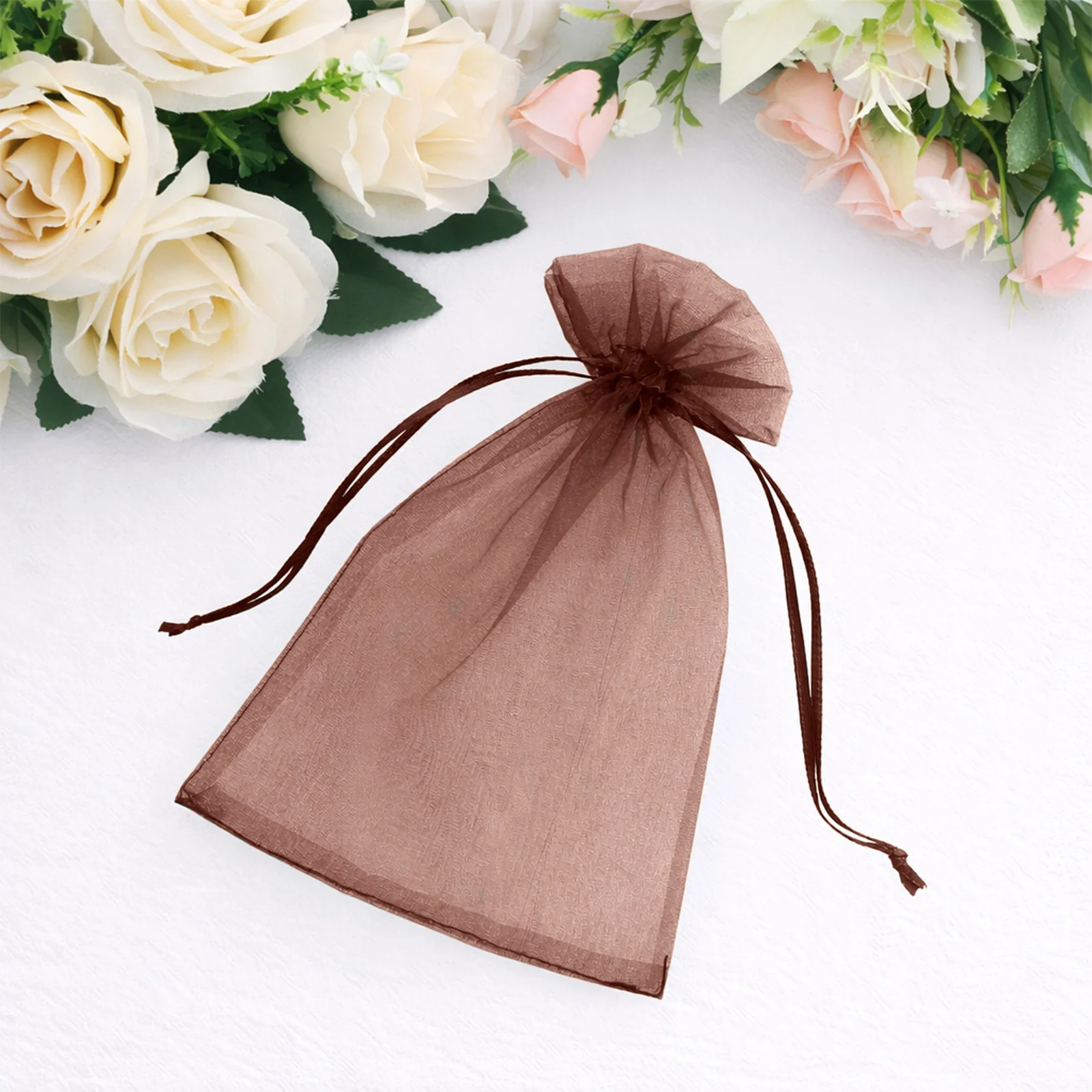 100 Pack Chocolate Organza Drawstring Gift Bags, 5" x 7" – Wedding Party Favor Bags