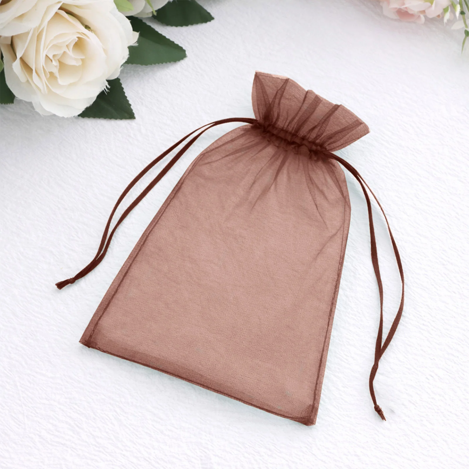 100 Pack Chocolate Organza Drawstring Gift Bags, 5" x 7" – Wedding Party Favor Bags - Image 6