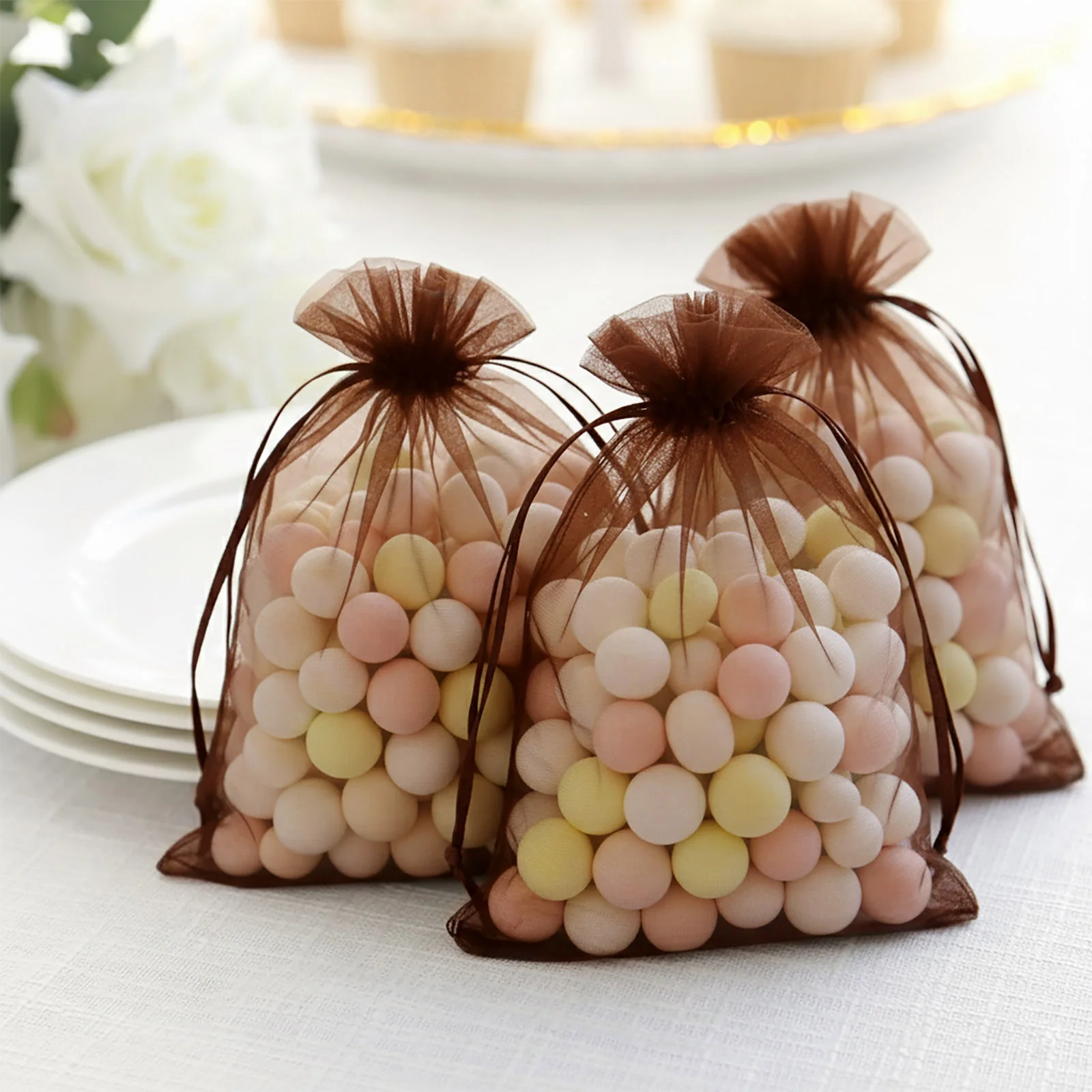 100 Pack Chocolate Organza Drawstring Gift Bags, 5" x 7" – Wedding Party Favor Bags - Image 8