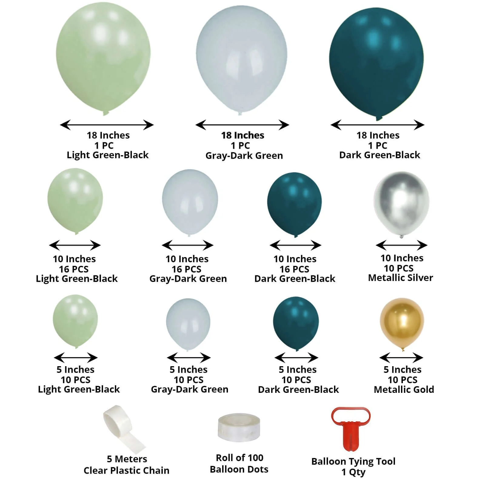 101 Pack Green, Gold and Silver DIY Balloon Garland Arch Party Kit, Double Layer Latex Balloons - Image 3
