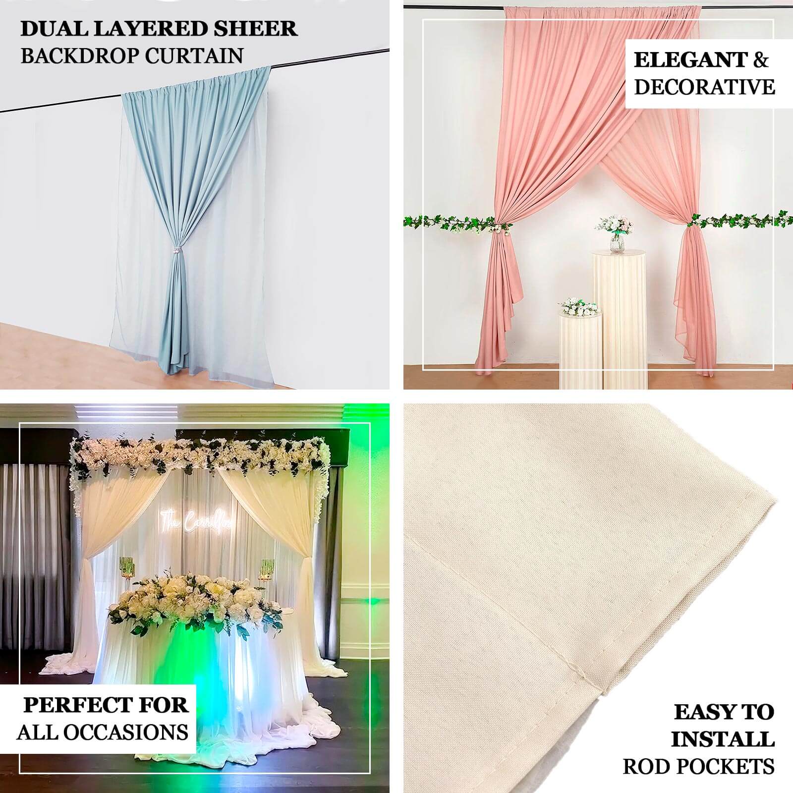 Ivory Chiffon Polyester Backdrop Drape Curtain, Dual Layer Event Divider Panel with Rod Pockets - 10ftx10ft - Image 3